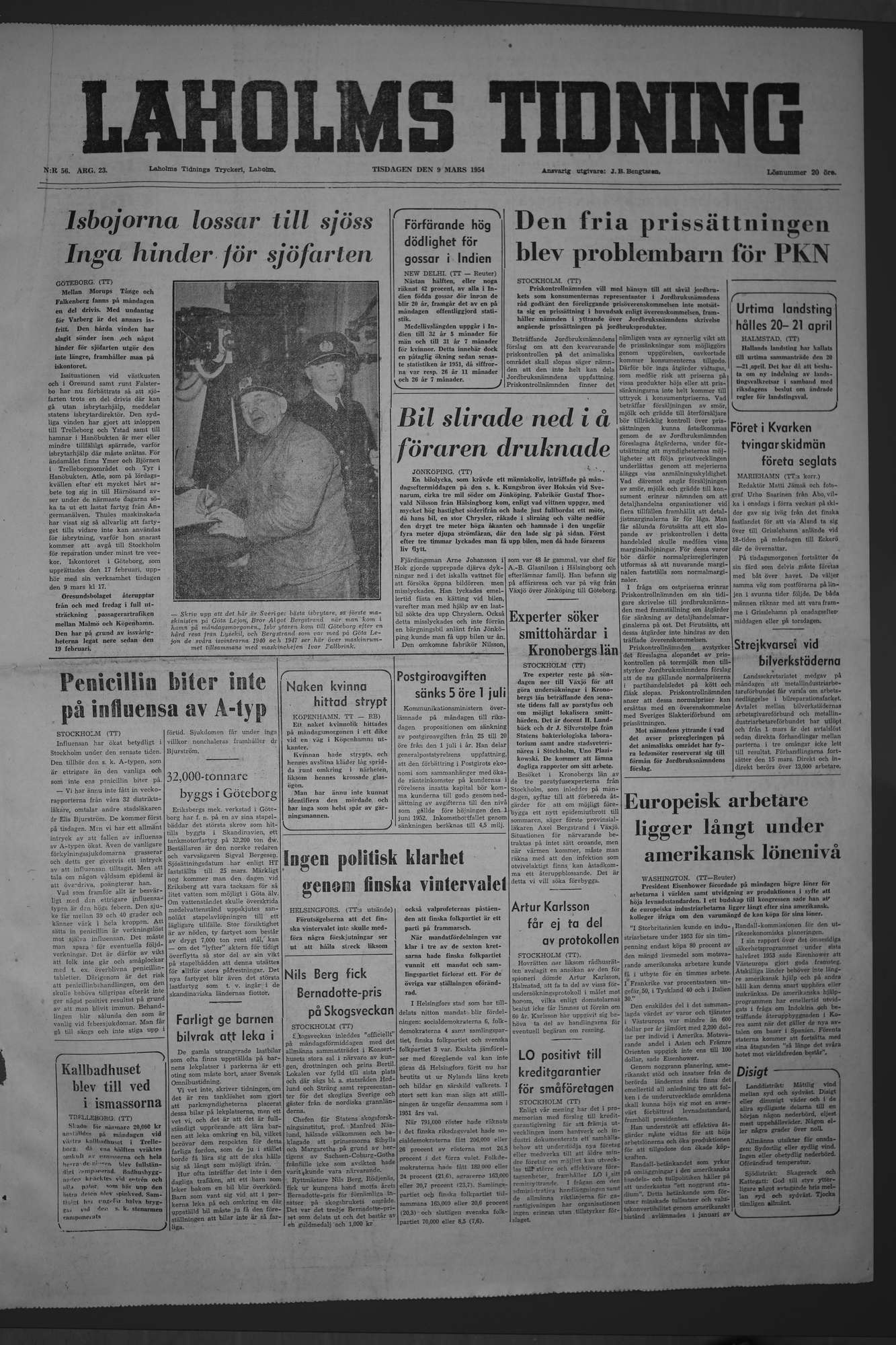 Laholms Tidning Tisdag 9 mars 1954, sida 1