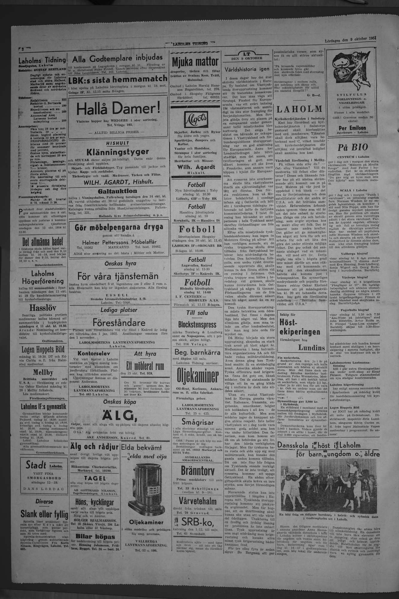 Laholms Tidning Lördag 9 oktober 1954, sida 2