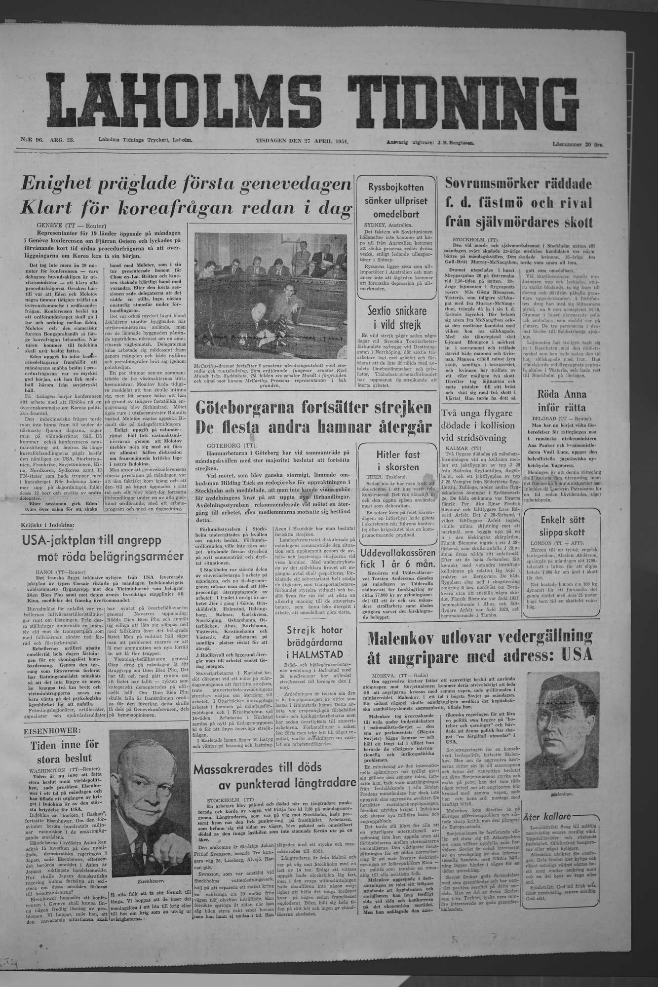 Laholms Tidning Tisdag 27 april 1954, sida 1