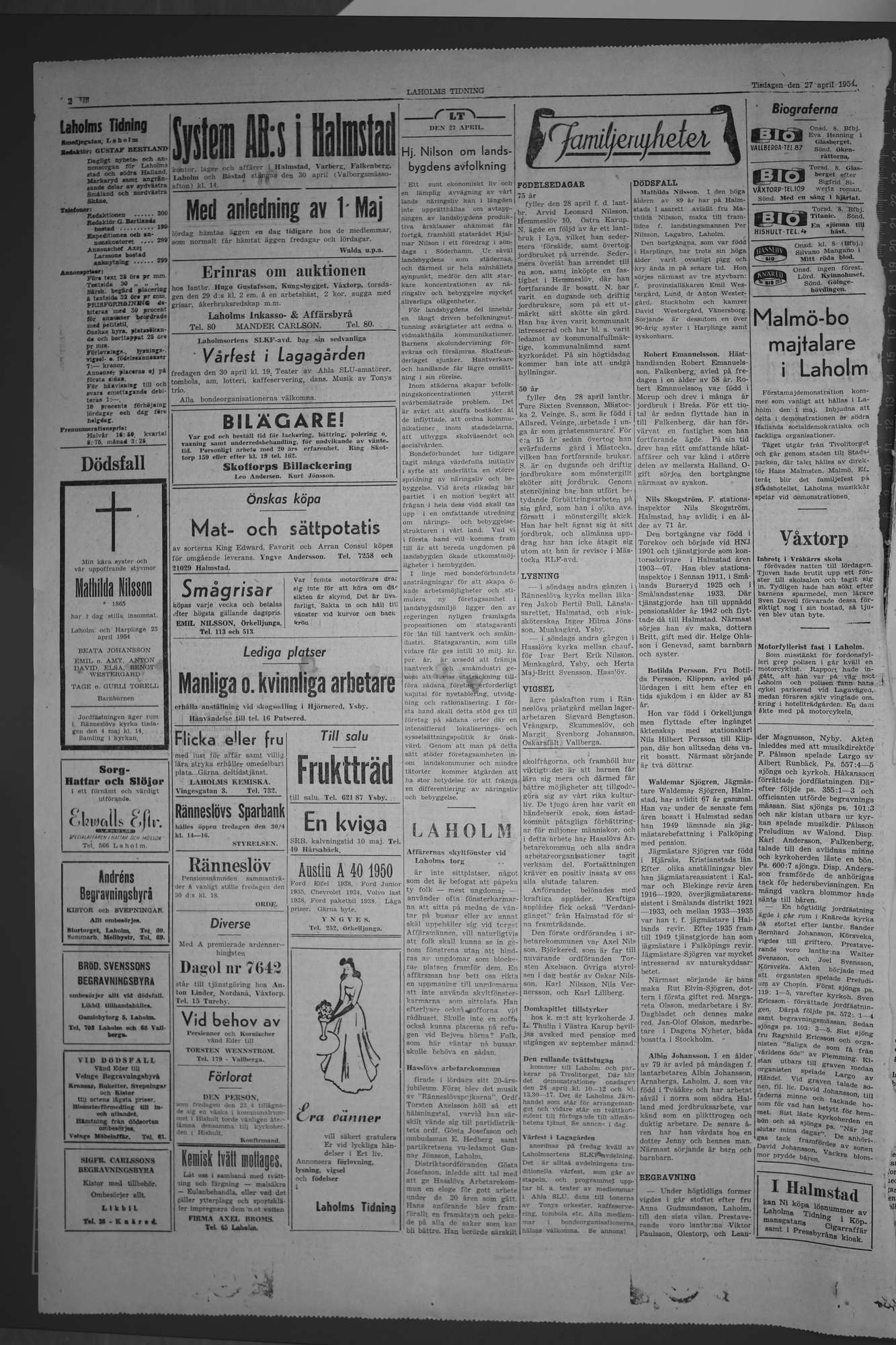 Laholms Tidning Tisdag 27 april 1954, sida 2