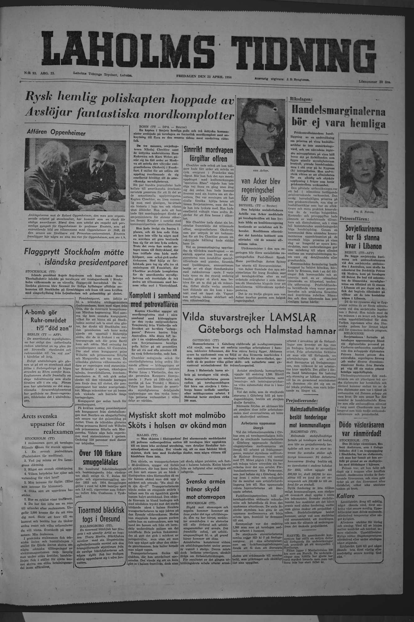 Laholms Tidning Fredag 23 april 1954, sida 1