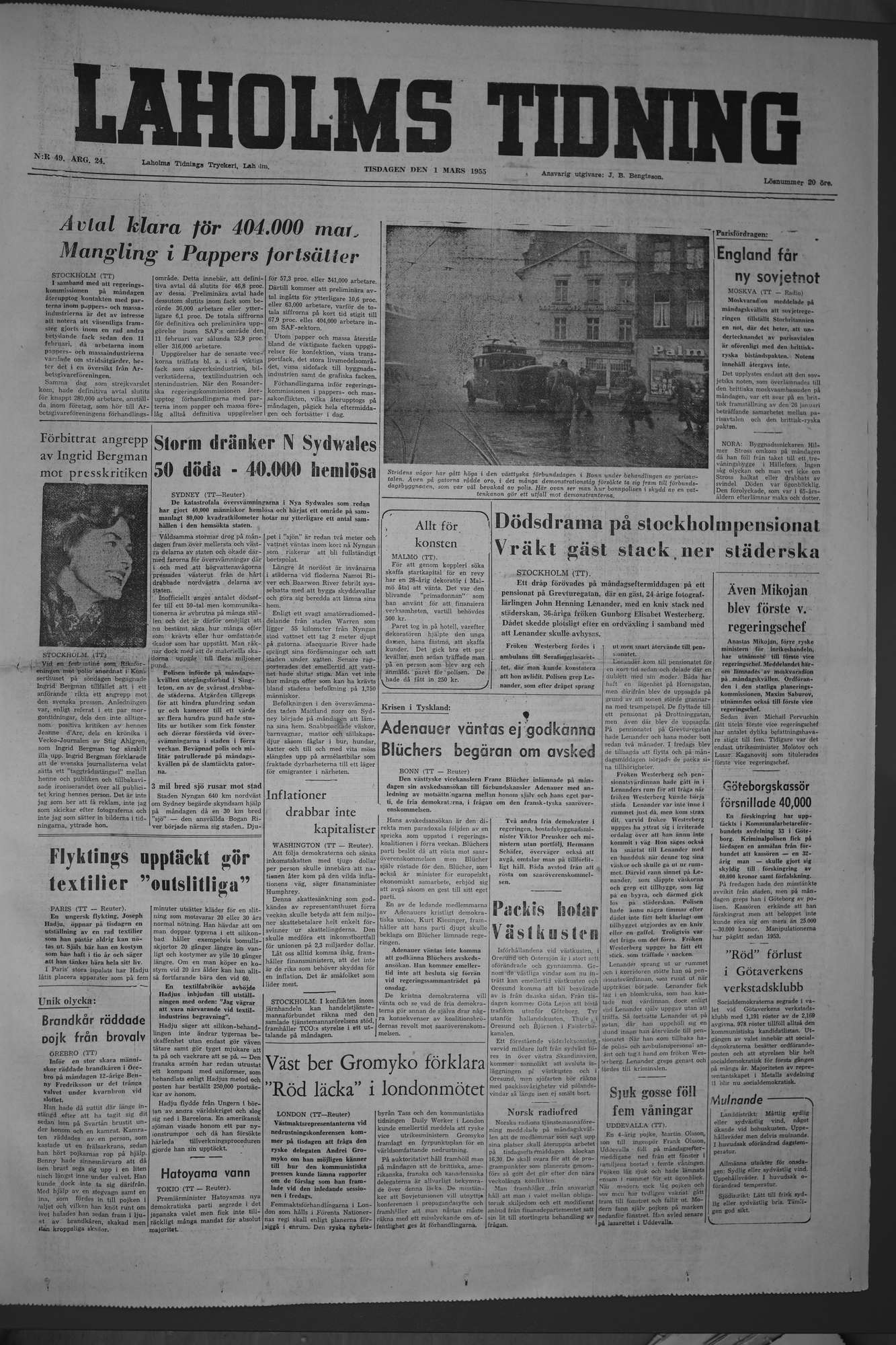 Laholms Tidning Tisdag 1 mars 1955, sida 1