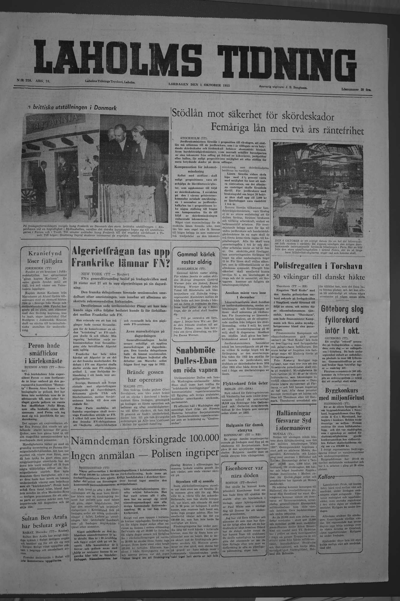 Laholms Tidning Lördag 1 oktober 1955, sida 1