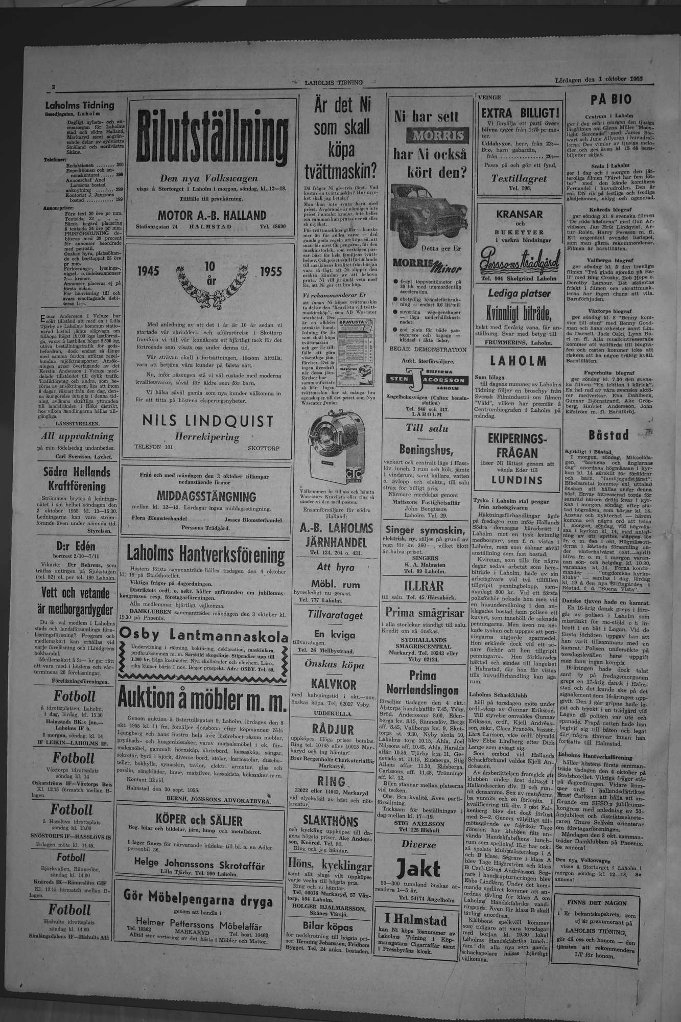 Laholms Tidning Lördag 1 oktober 1955, sida 2
