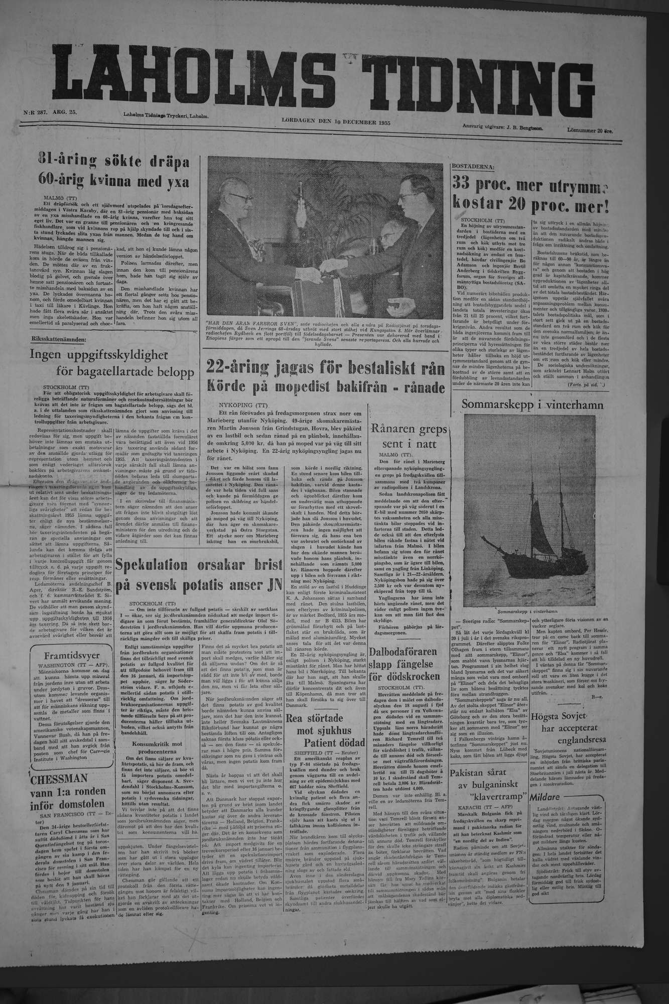 Laholms Tidning Lördag 10 december 1955, sida 1