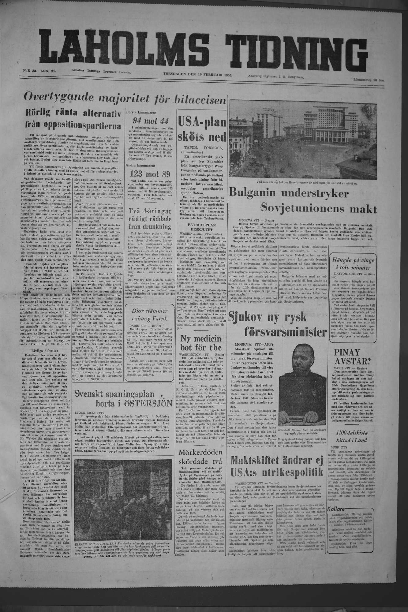 Laholms Tidning Torsdag 10 februari 1955, sida 1