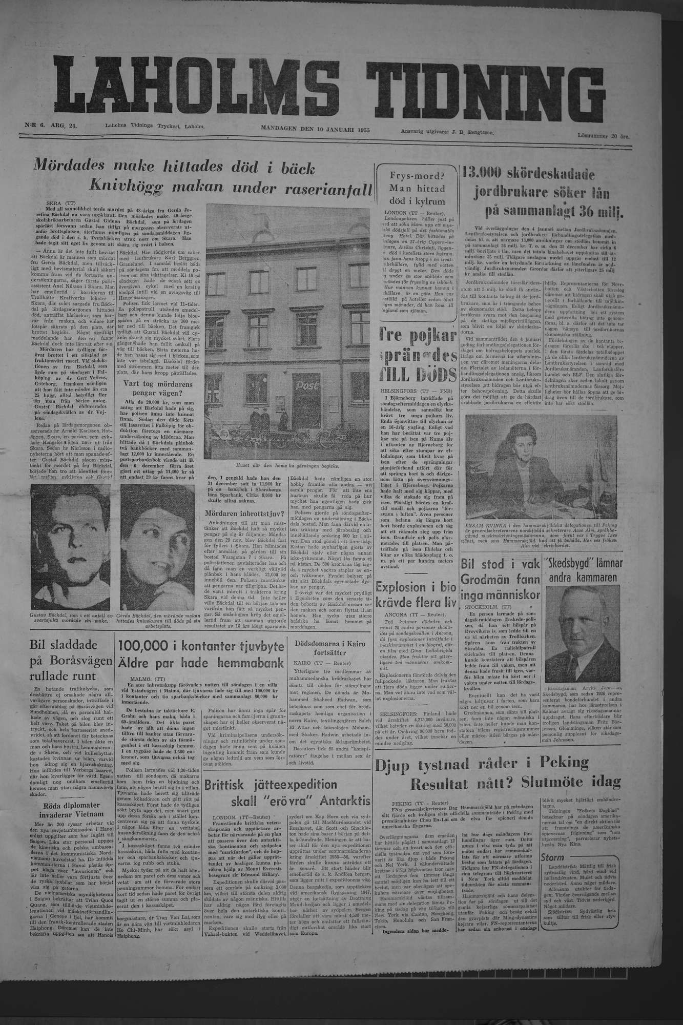 Laholms Tidning Måndag 10 januari 1955, sida 1