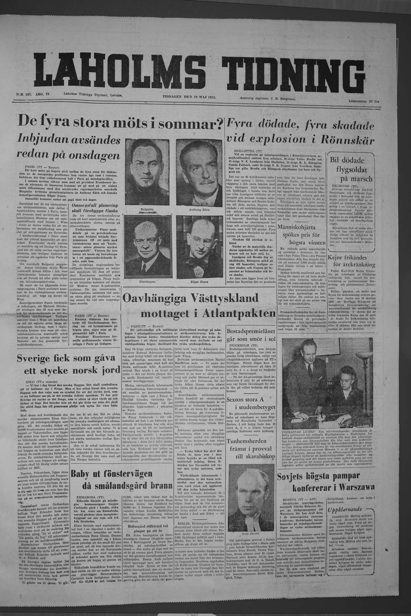 Laholms Tidning Tisdag 10 maj 1955, sida 1