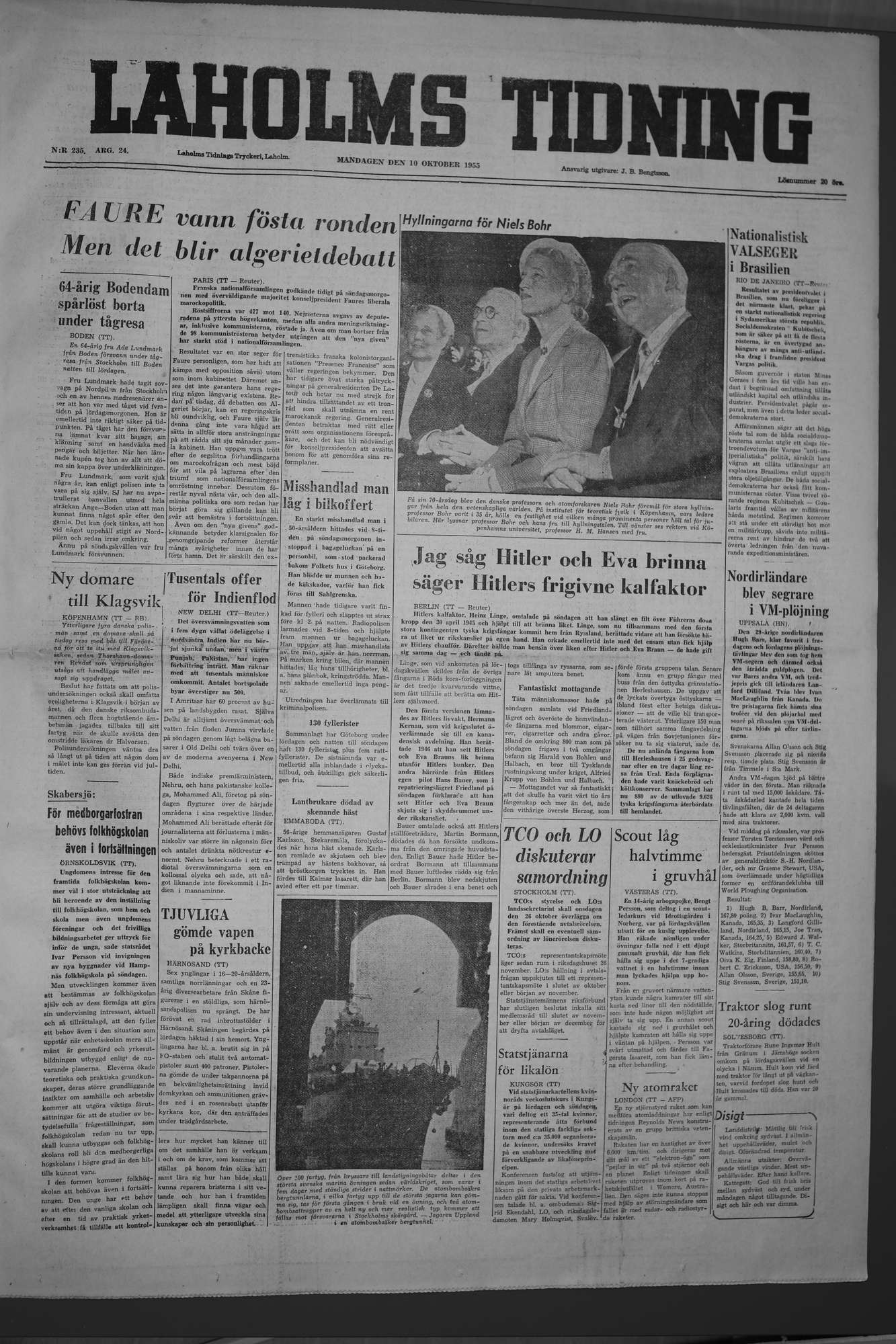 Laholms Tidning Måndag 10 oktober 1955, sida 1