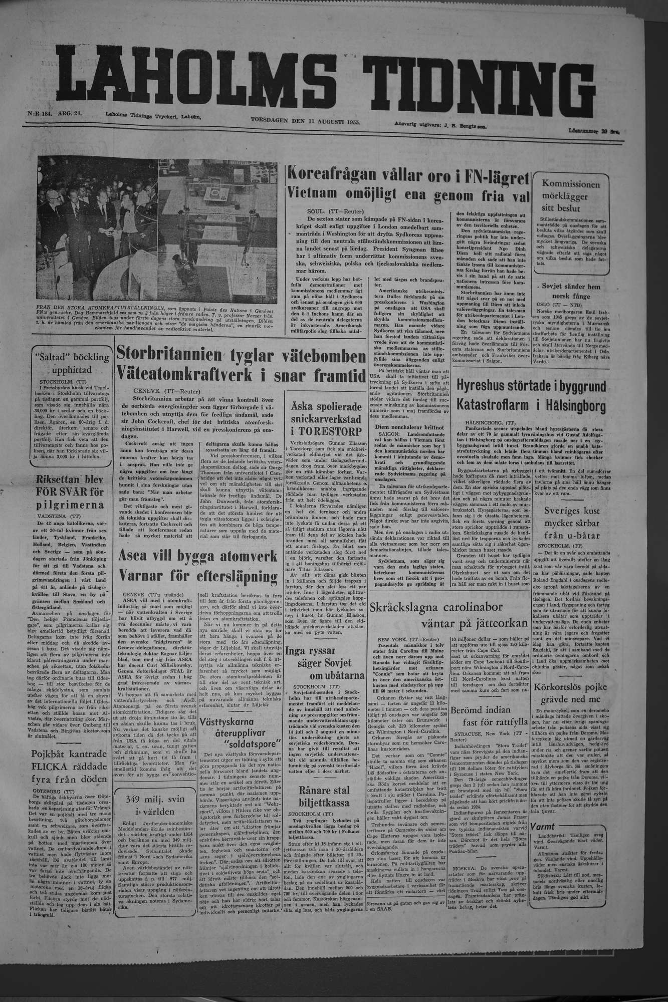 Laholms Tidning Torsdag 11 augusti 1955, sida 1