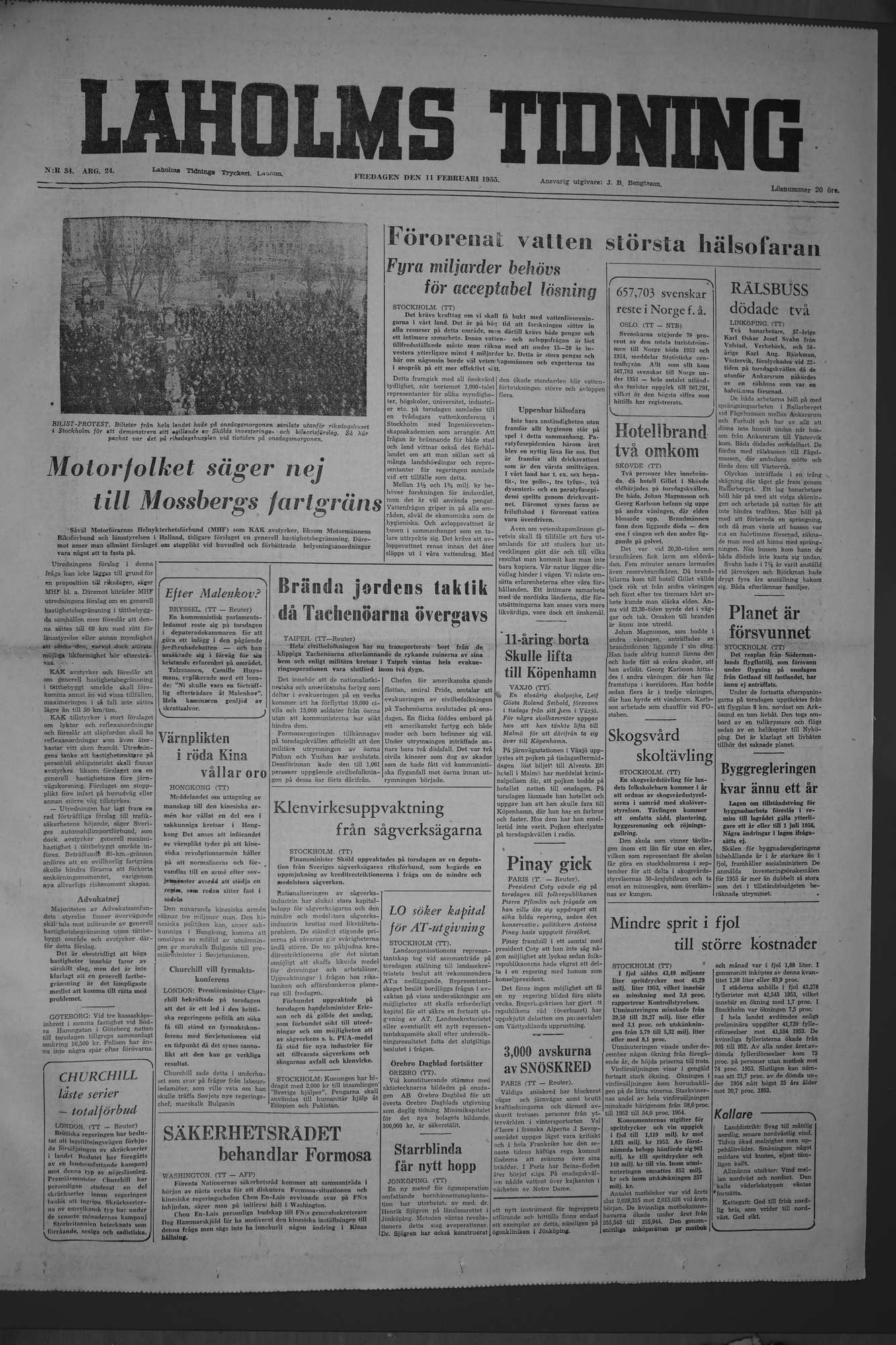 Laholms Tidning Fredag 11 februari 1955, sida 1