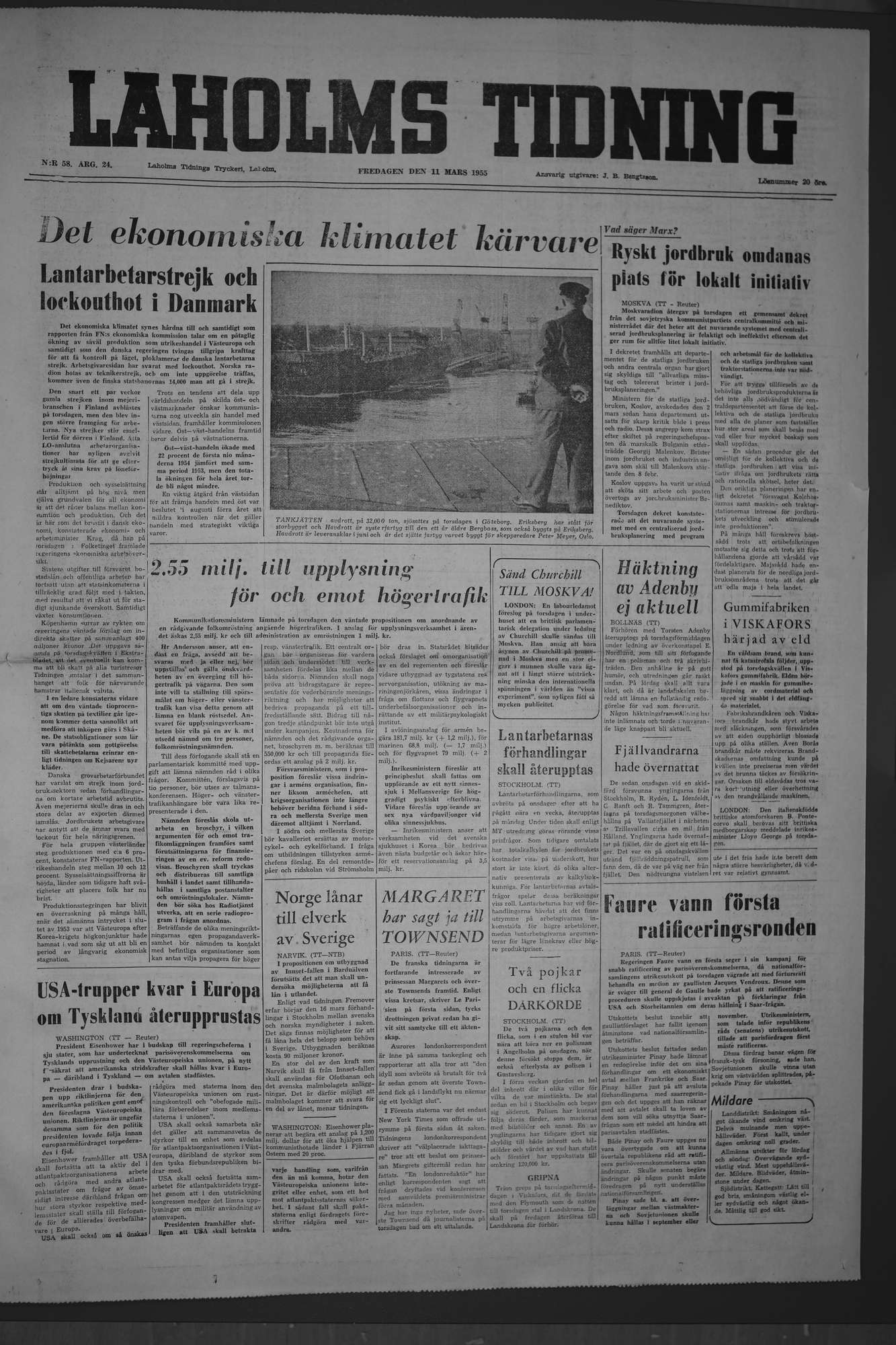 Laholms Tidning Fredag 11 mars 1955, sida 1