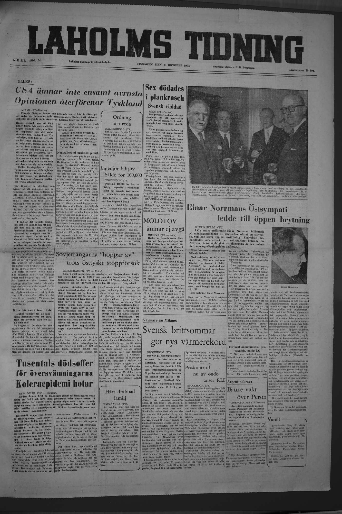 Laholms Tidning Tisdag 11 oktober 1955, sida 1