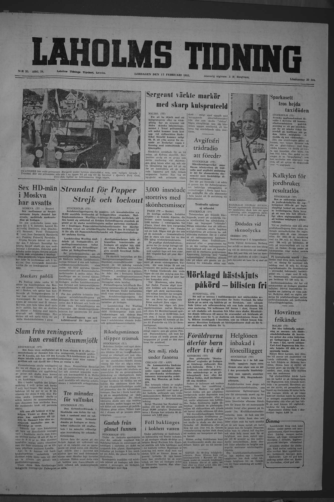 Laholms Tidning Lördag 12 februari 1955, sida 1