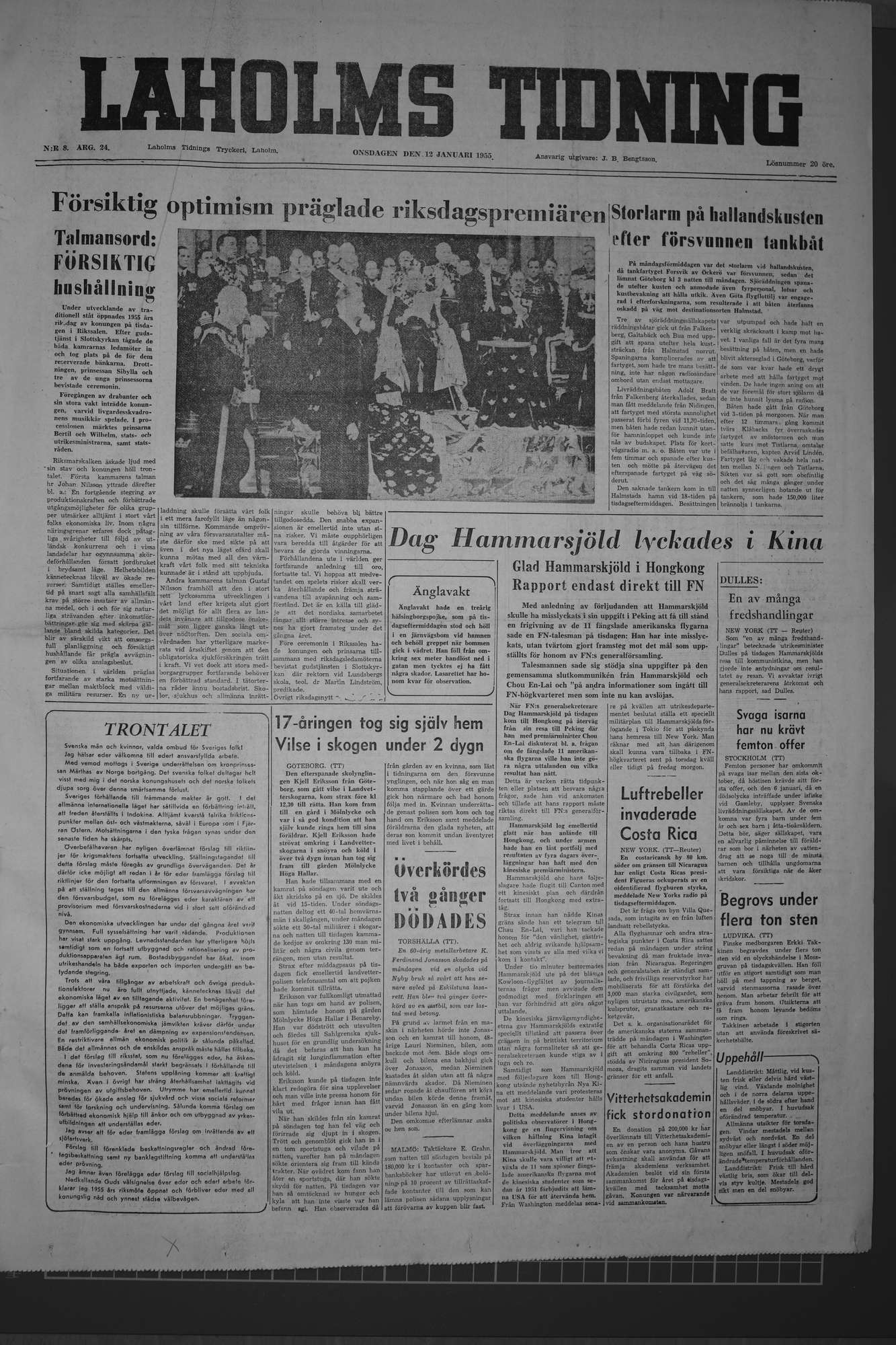 Laholms Tidning Onsdag 12 januari 1955, sida 1