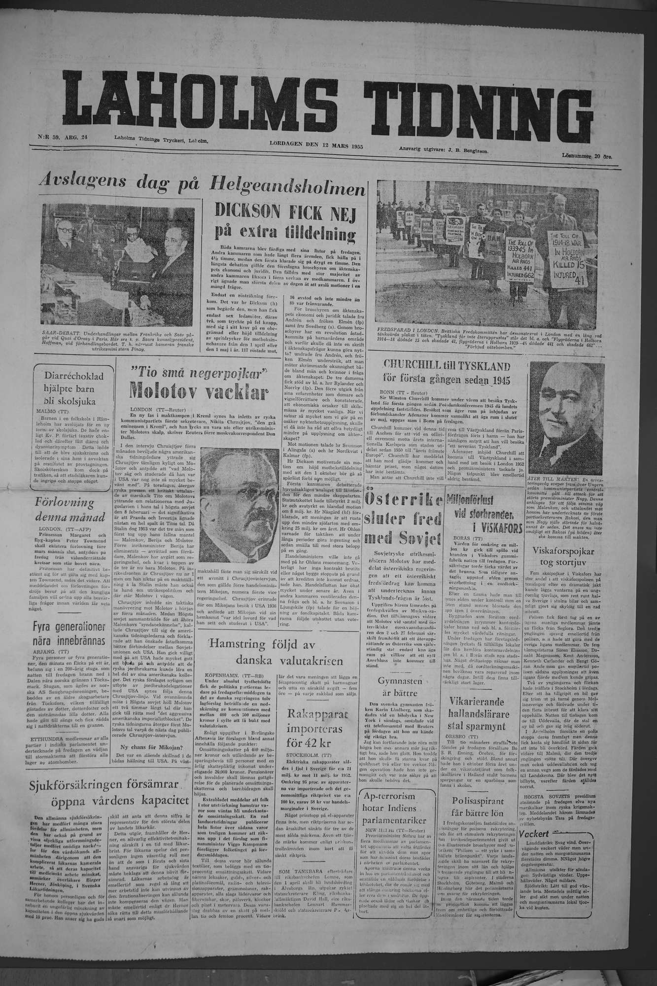 Laholms Tidning Lördag 12 mars 1955, sida 1