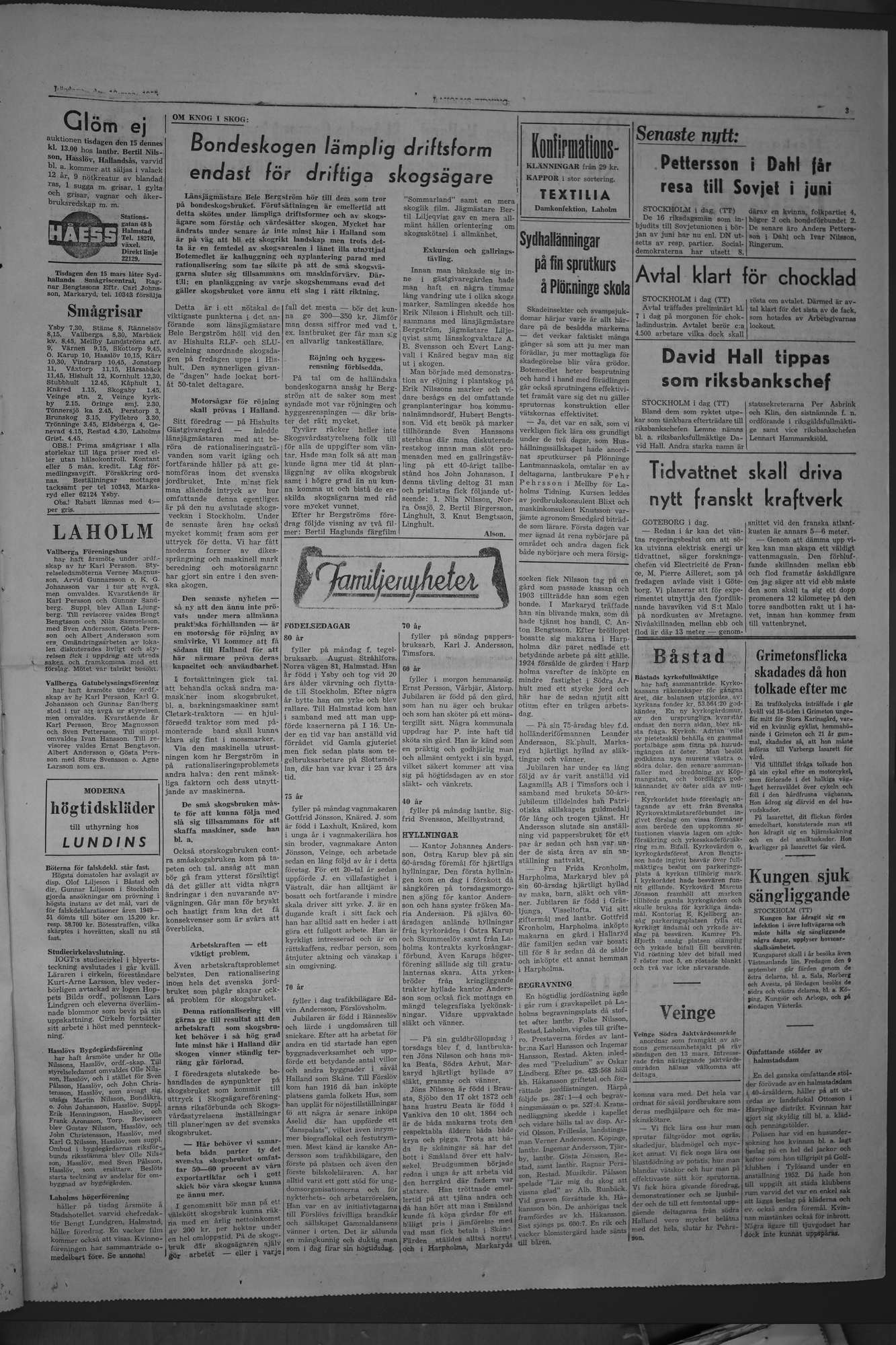 Laholms Tidning Lördag 12 mars 1955, sida 3
