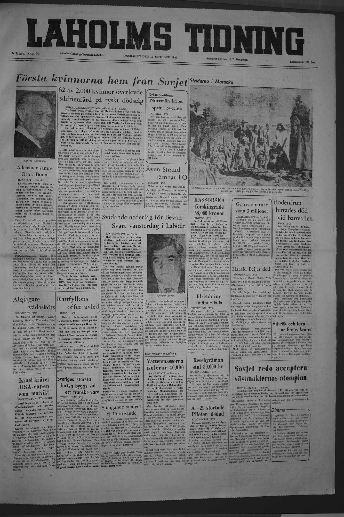 Laholms Tidning Onsdag 12 oktober 1955, sida 1