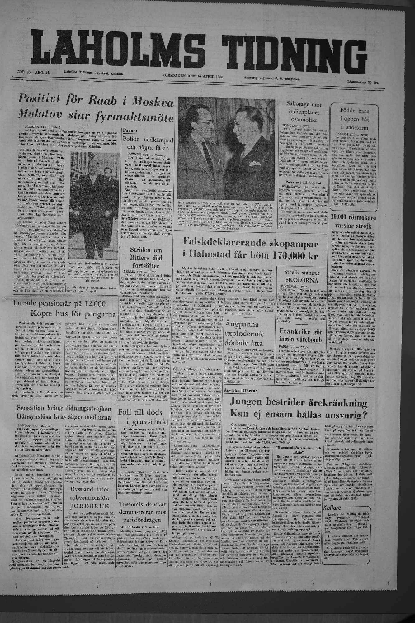Laholms Tidning Torsdag 14 april 1955, sida 1