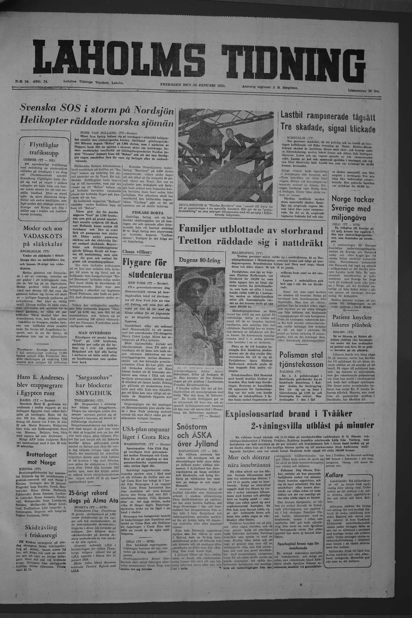 Laholms Tidning Fredag 14 januari 1955, sida 1