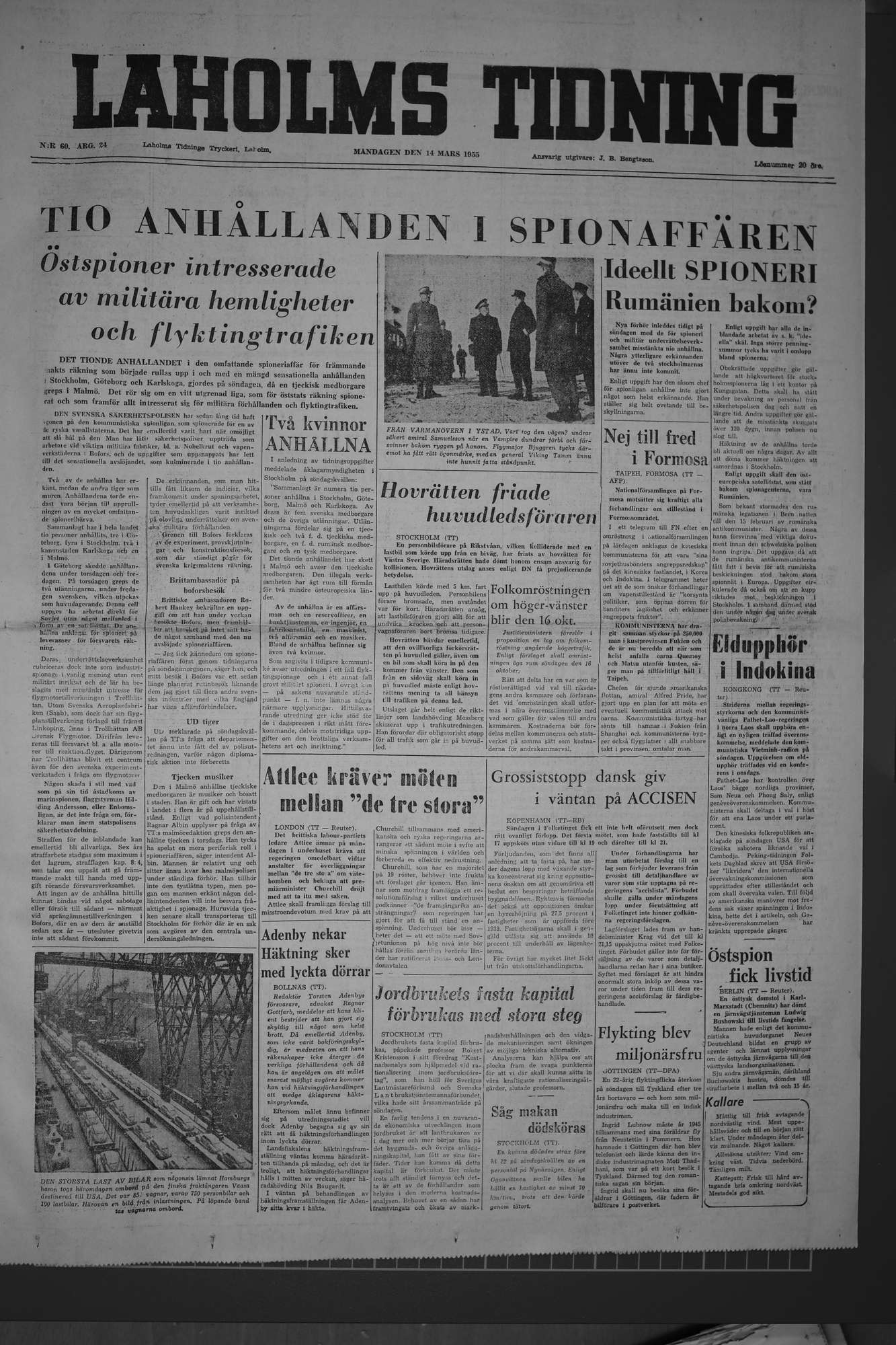 Laholms Tidning Måndag 14 mars 1955, sida 1