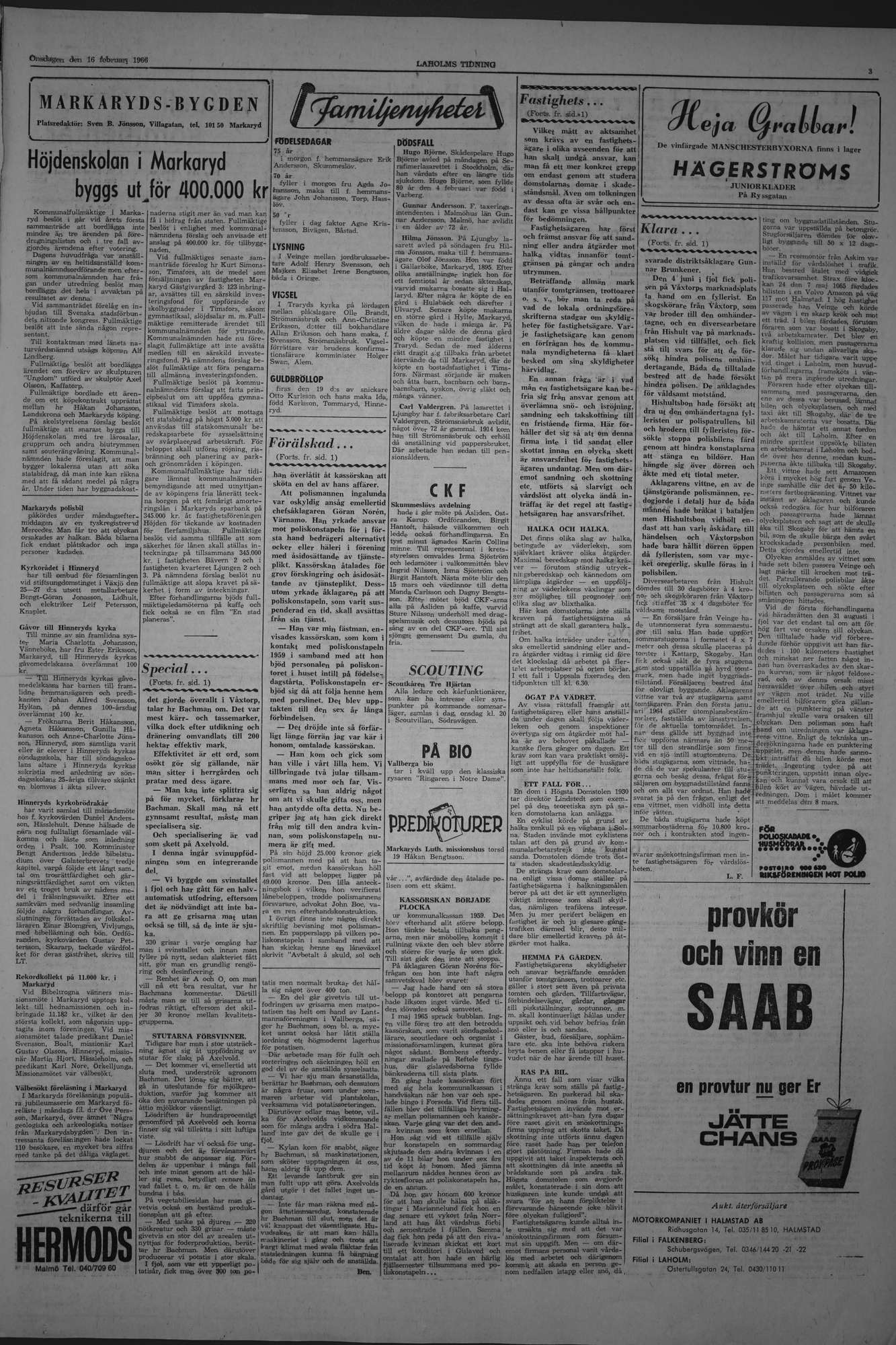 Laholms Tidning Onsdag 16 februari 1966, sida 3