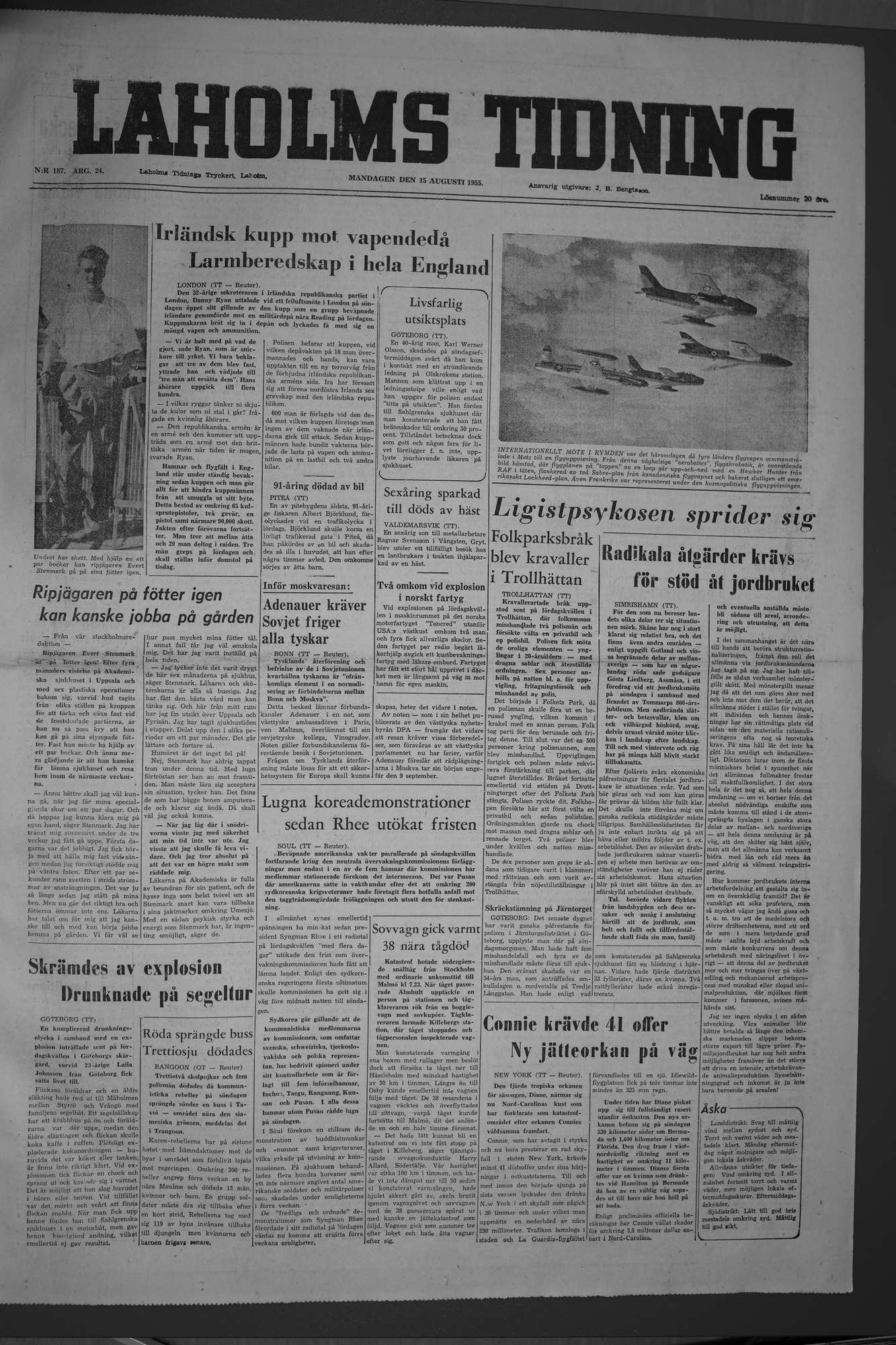 Laholms Tidning Måndag 15 augusti 1955, sida 1