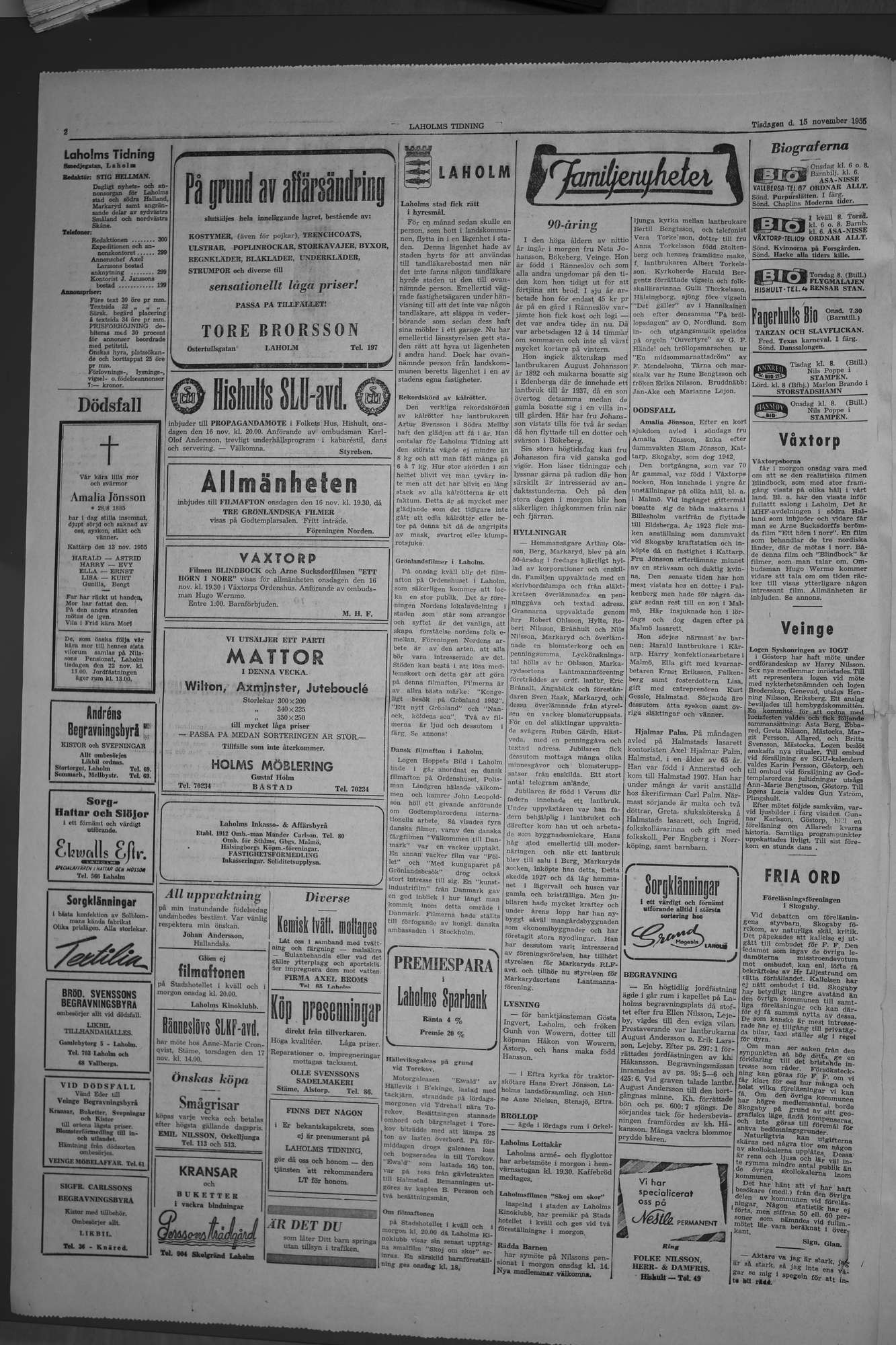 Laholms Tidning Tisdag 15 november 1955, sida 2