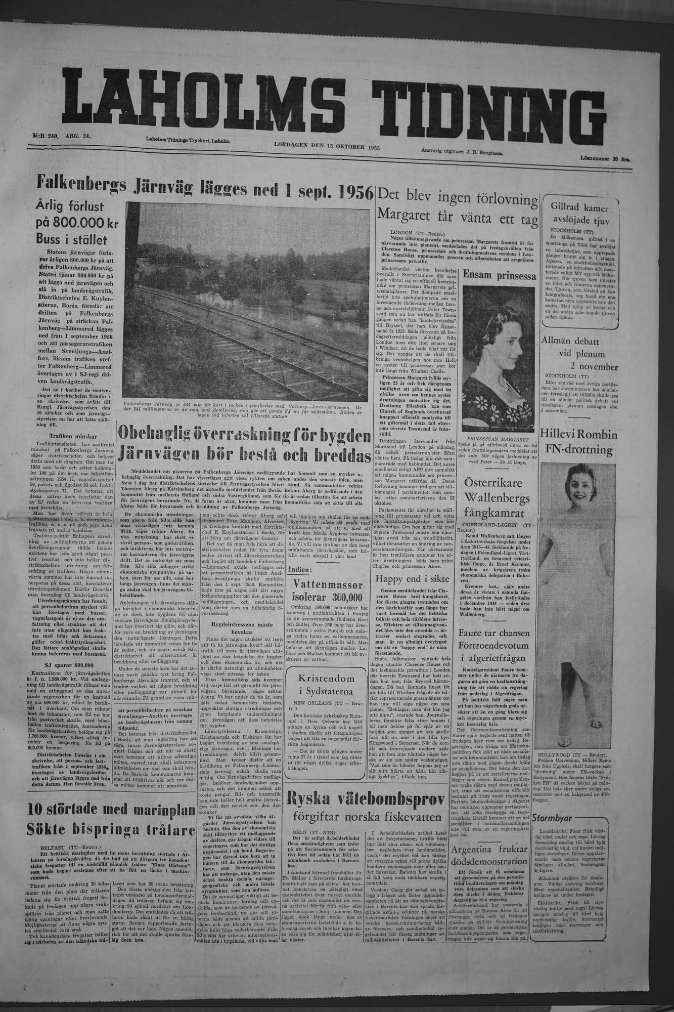 Laholms Tidning Lördag 15 oktober 1955, sida 1