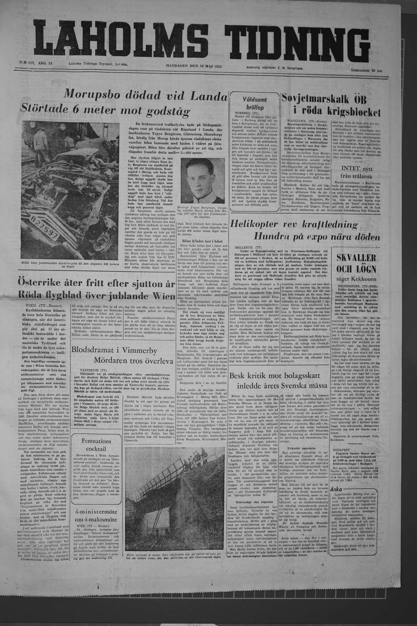 Laholms Tidning Måndag 16 maj 1955, sida 1