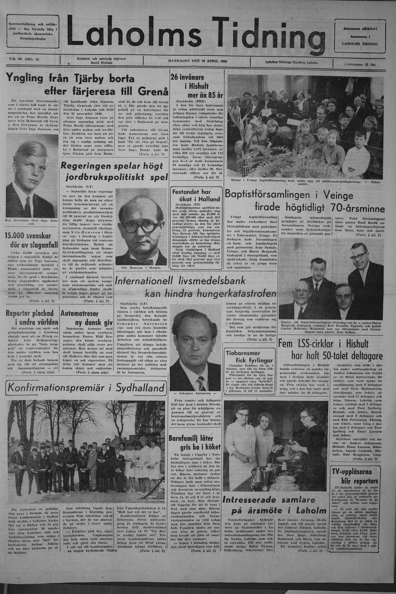Laholms Tidning Måndag 18 april 1966, sida 1