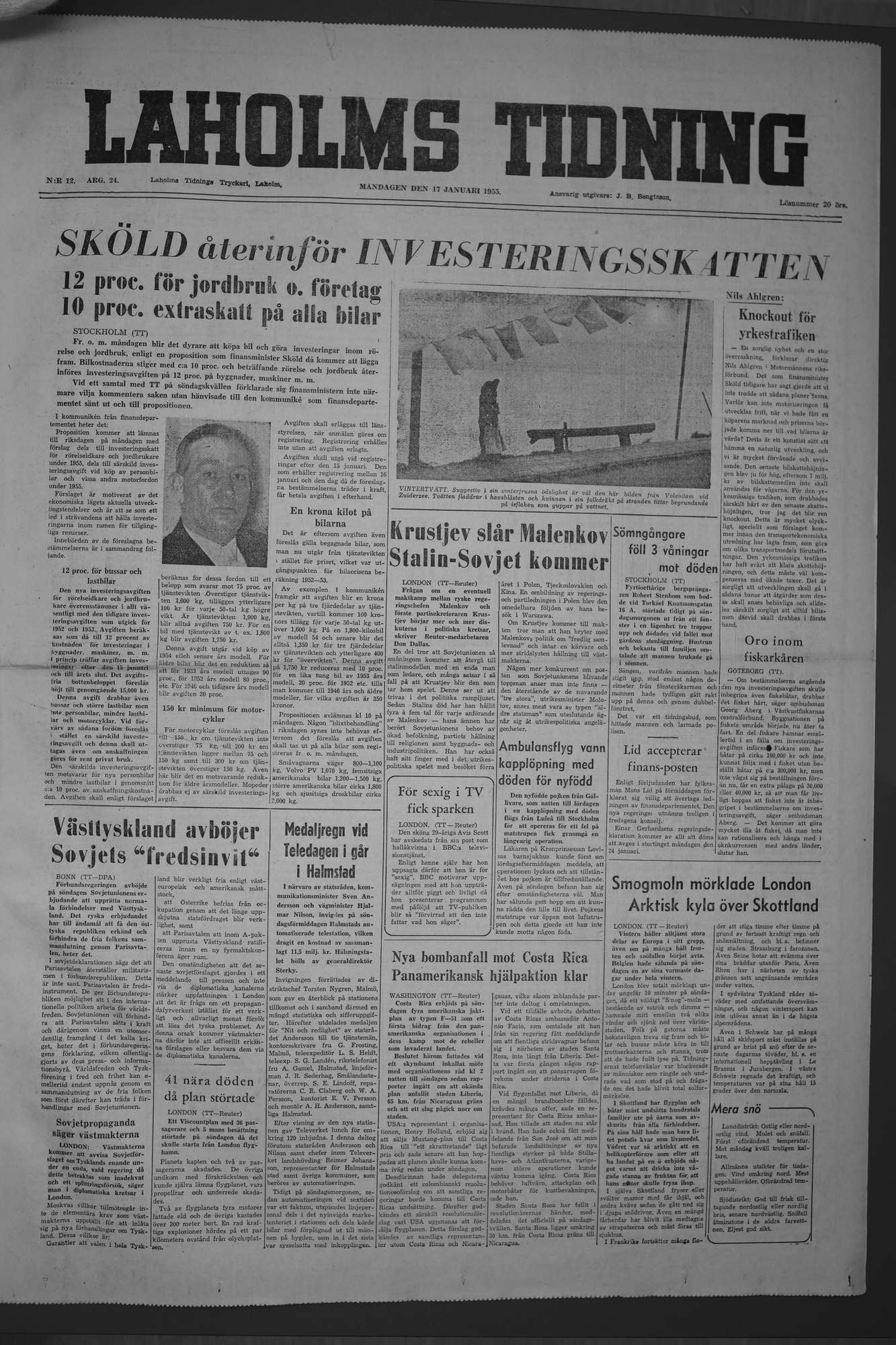 Laholms Tidning Måndag 17 januari 1955, sida 1