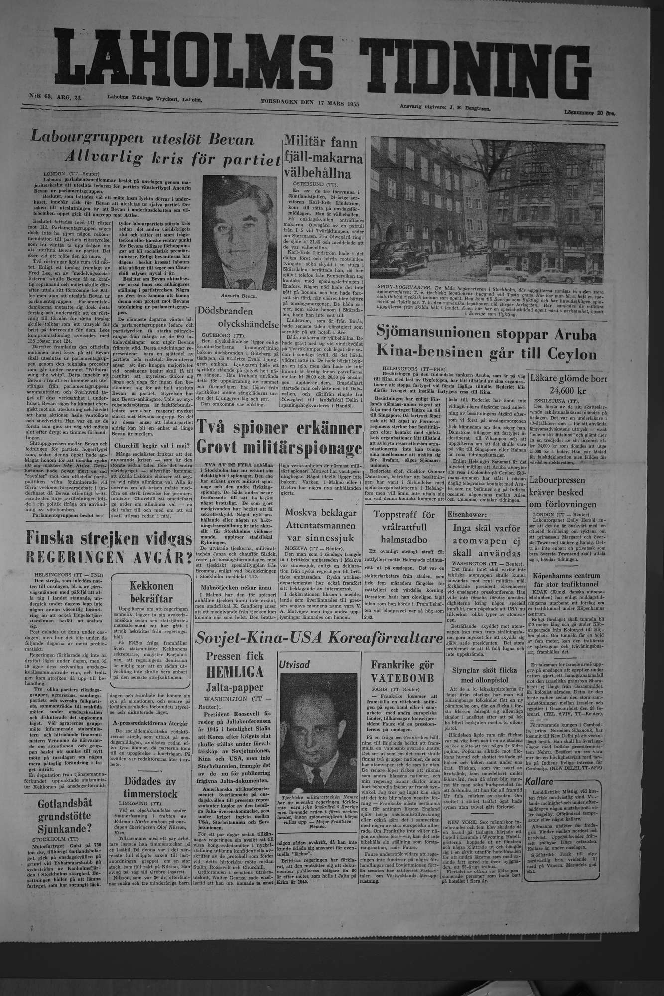 Laholms Tidning Torsdag 17 mars 1955, sida 1
