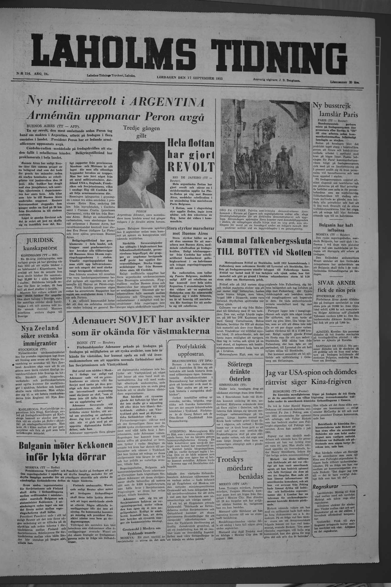 Laholms Tidning Lördag 17 september 1955, sida 1