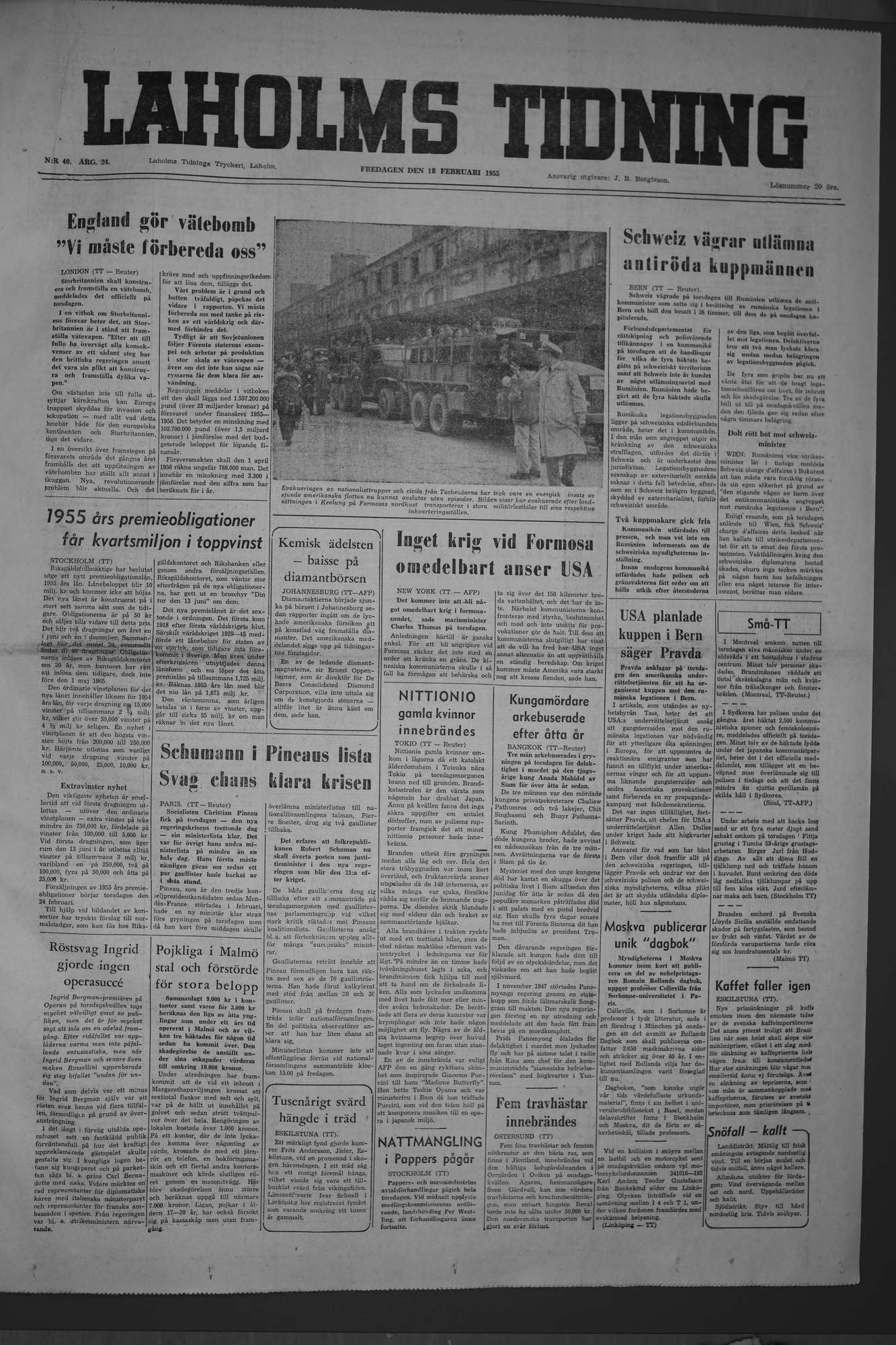 Laholms Tidning Fredag 18 februari 1955, sida 1
