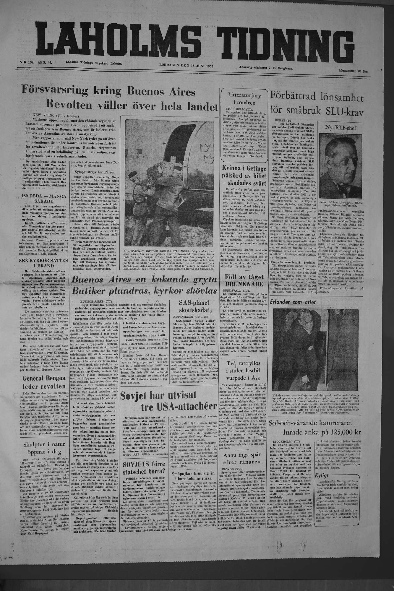 Laholms Tidning Lördag 18 juni 1955, sida 1