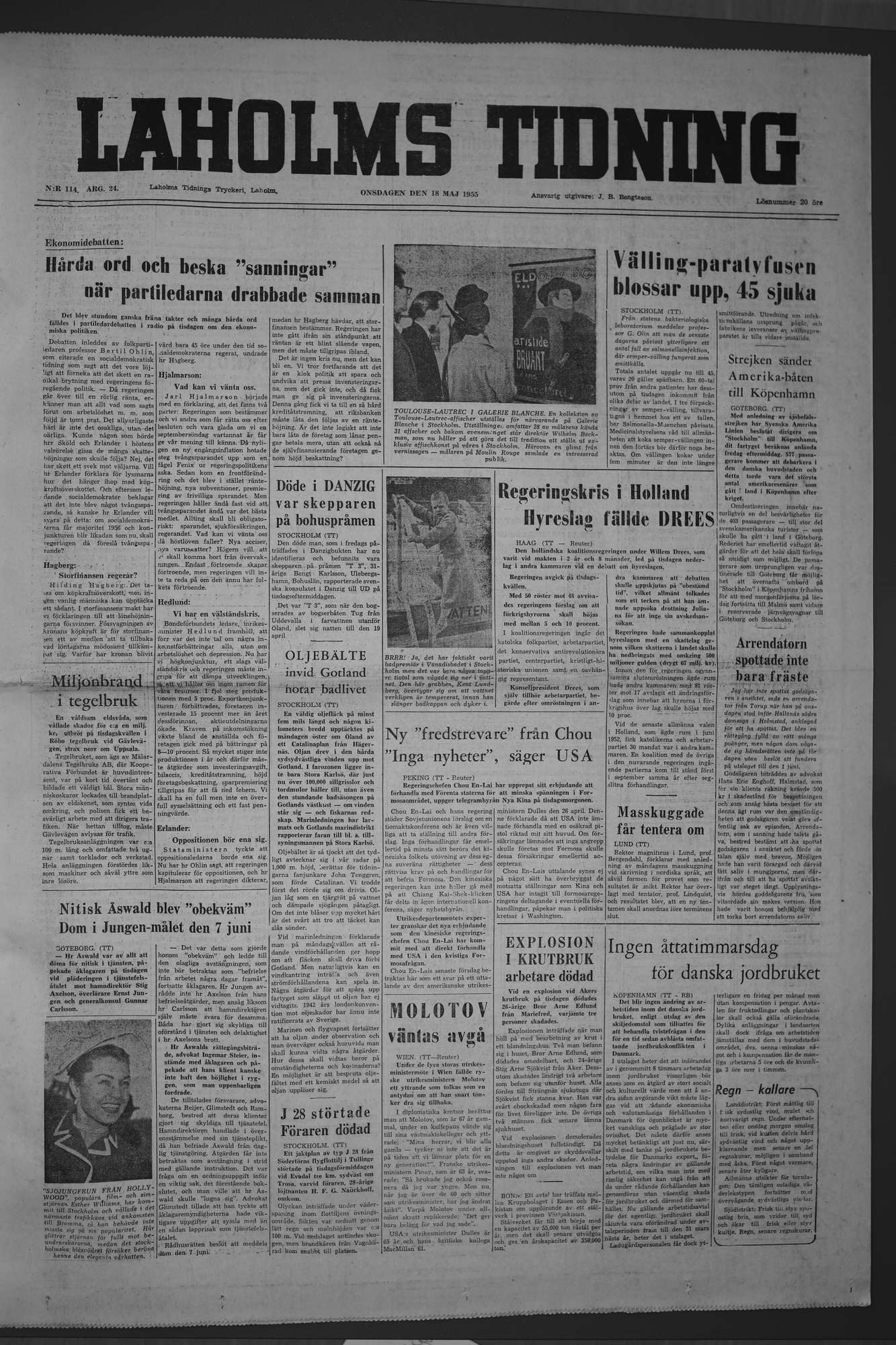 Laholms Tidning Onsdag 18 maj 1955, sida 1