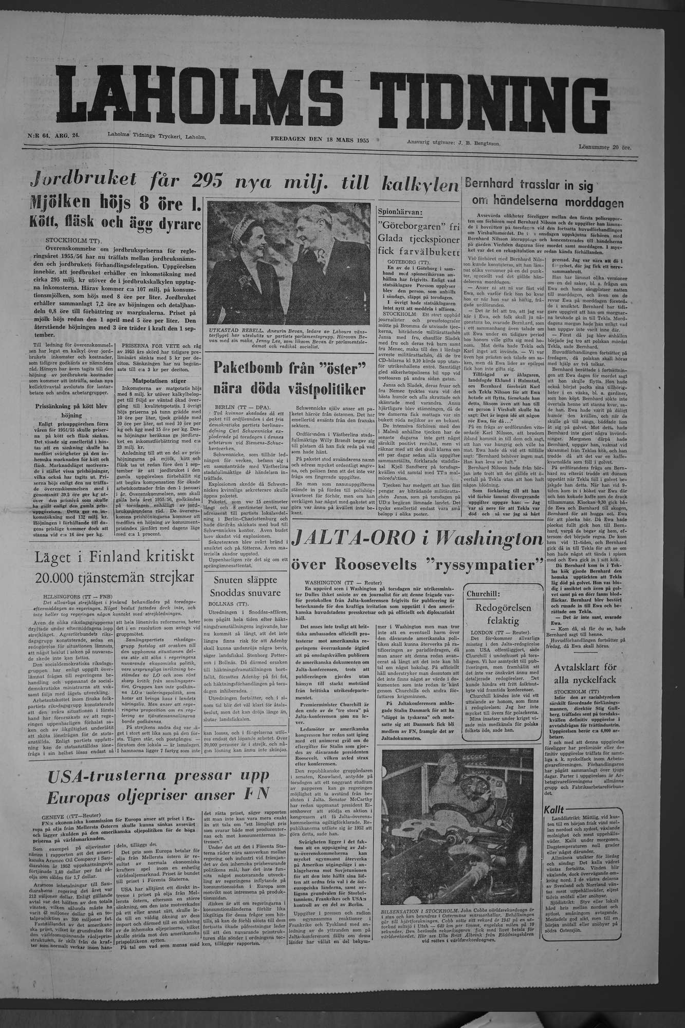 Laholms Tidning Fredag 18 mars 1955, sida 1