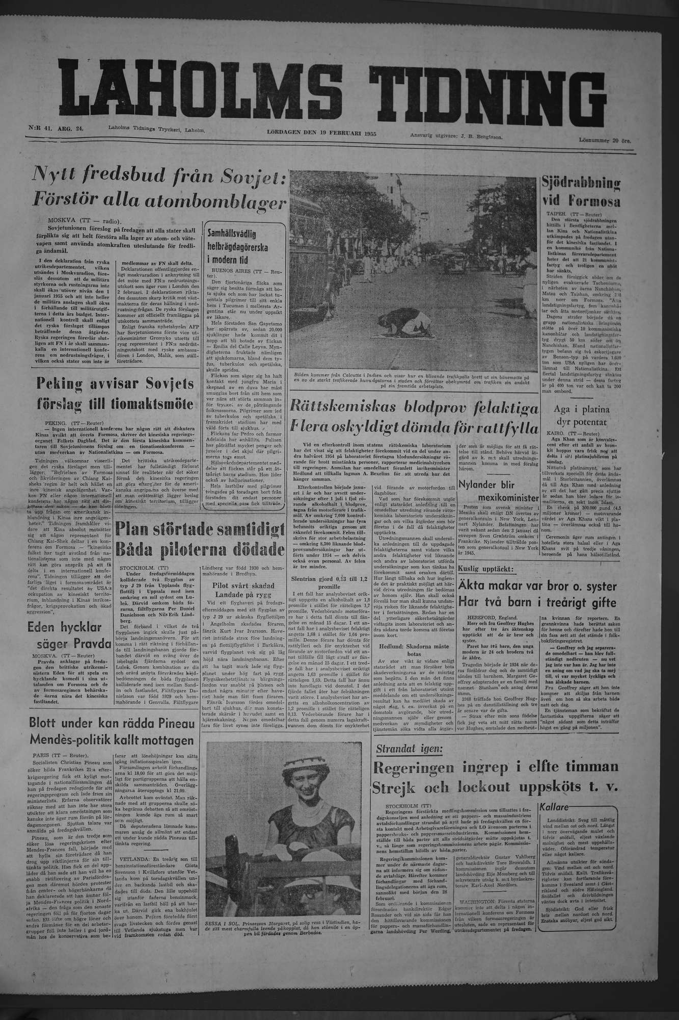 Laholms Tidning Lördag 19 februari 1955, sida 1