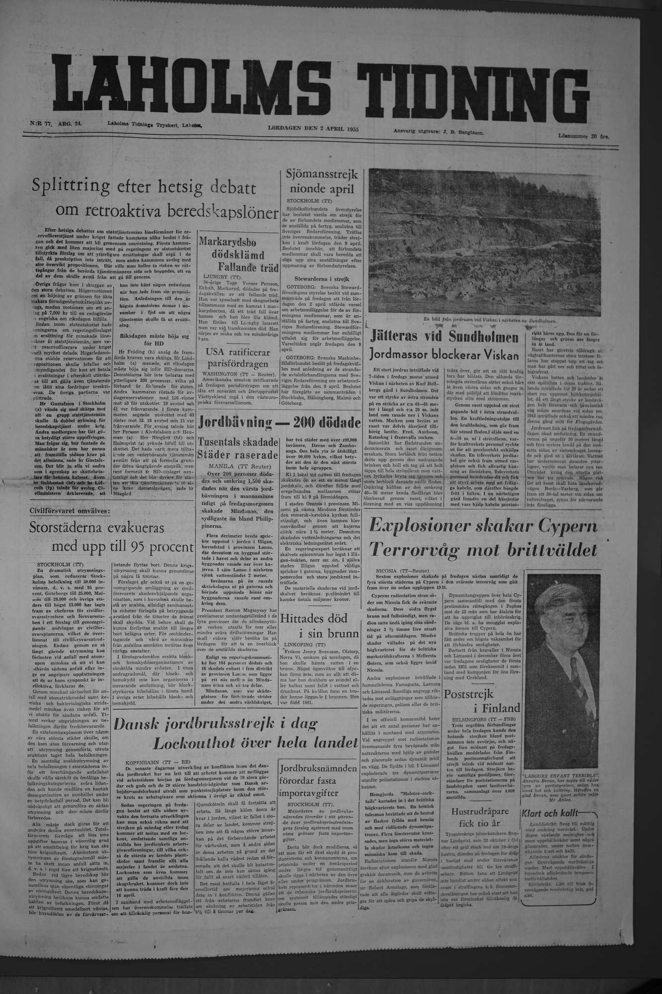 Laholms Tidning Lördag 2 april 1955, sida 1