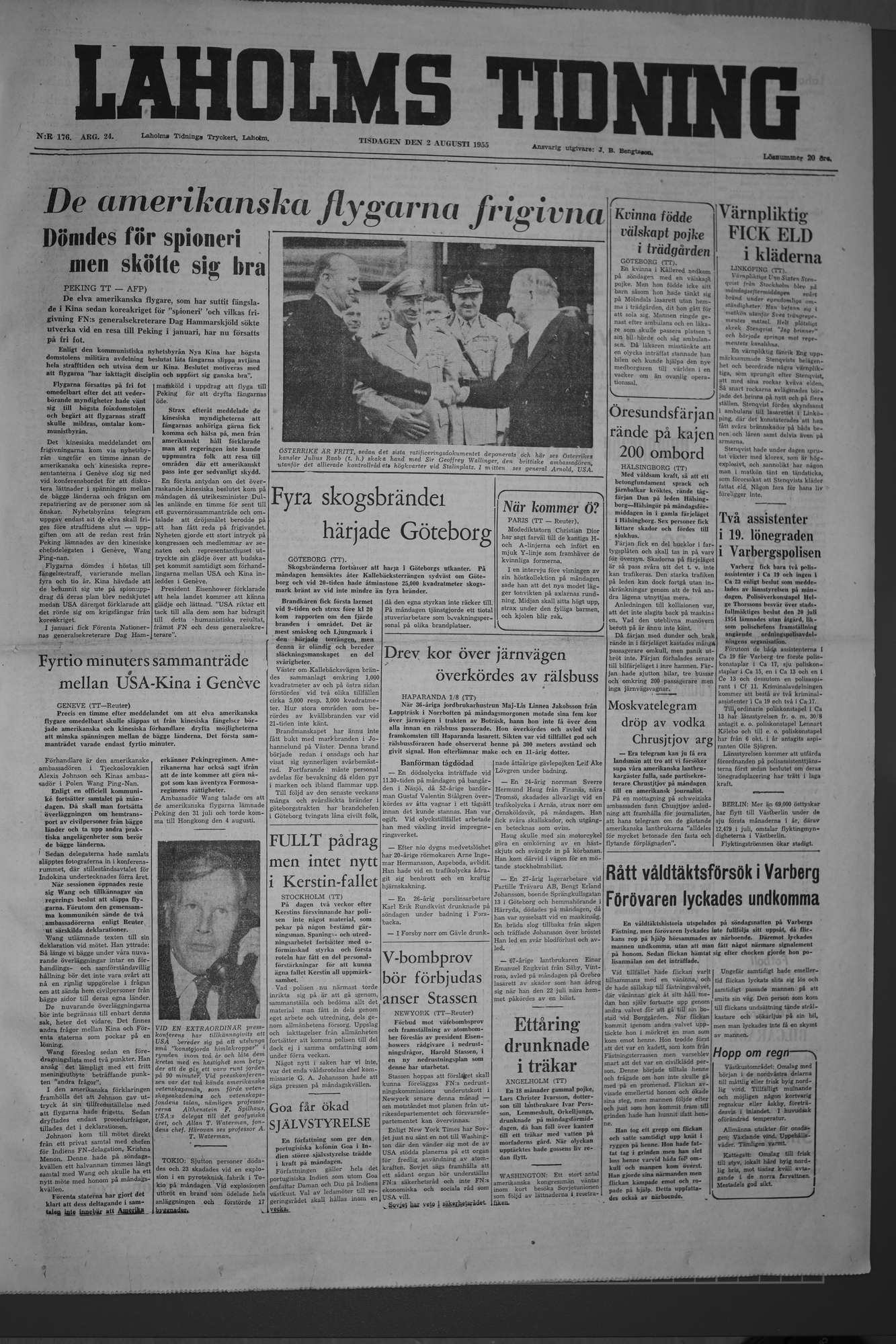 Laholms Tidning Tisdag 2 augusti 1955, sida 1