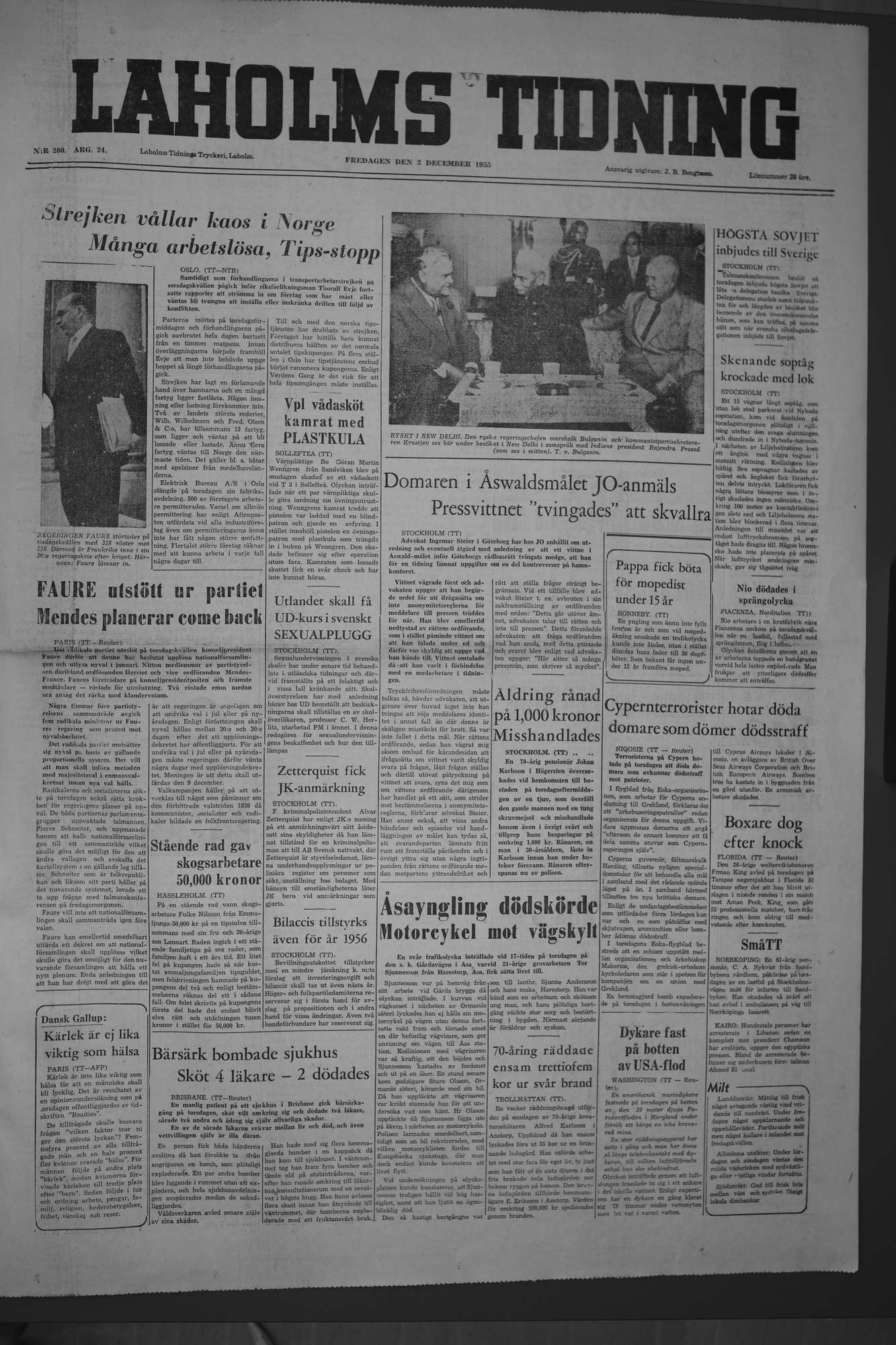 Laholms Tidning Fredag 2 december 1955, sida 1