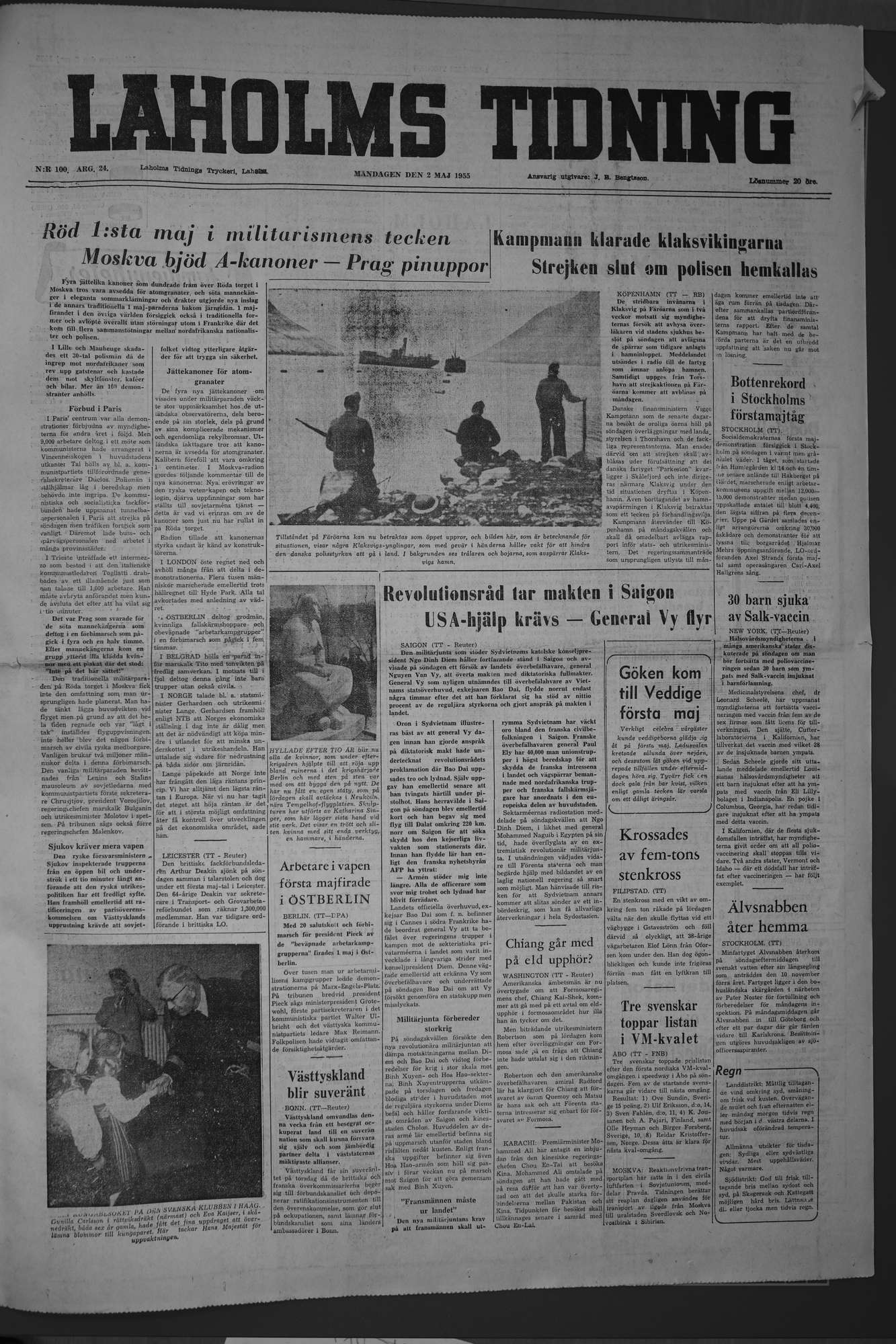 Laholms Tidning Måndag 2 maj 1955, sida 1
