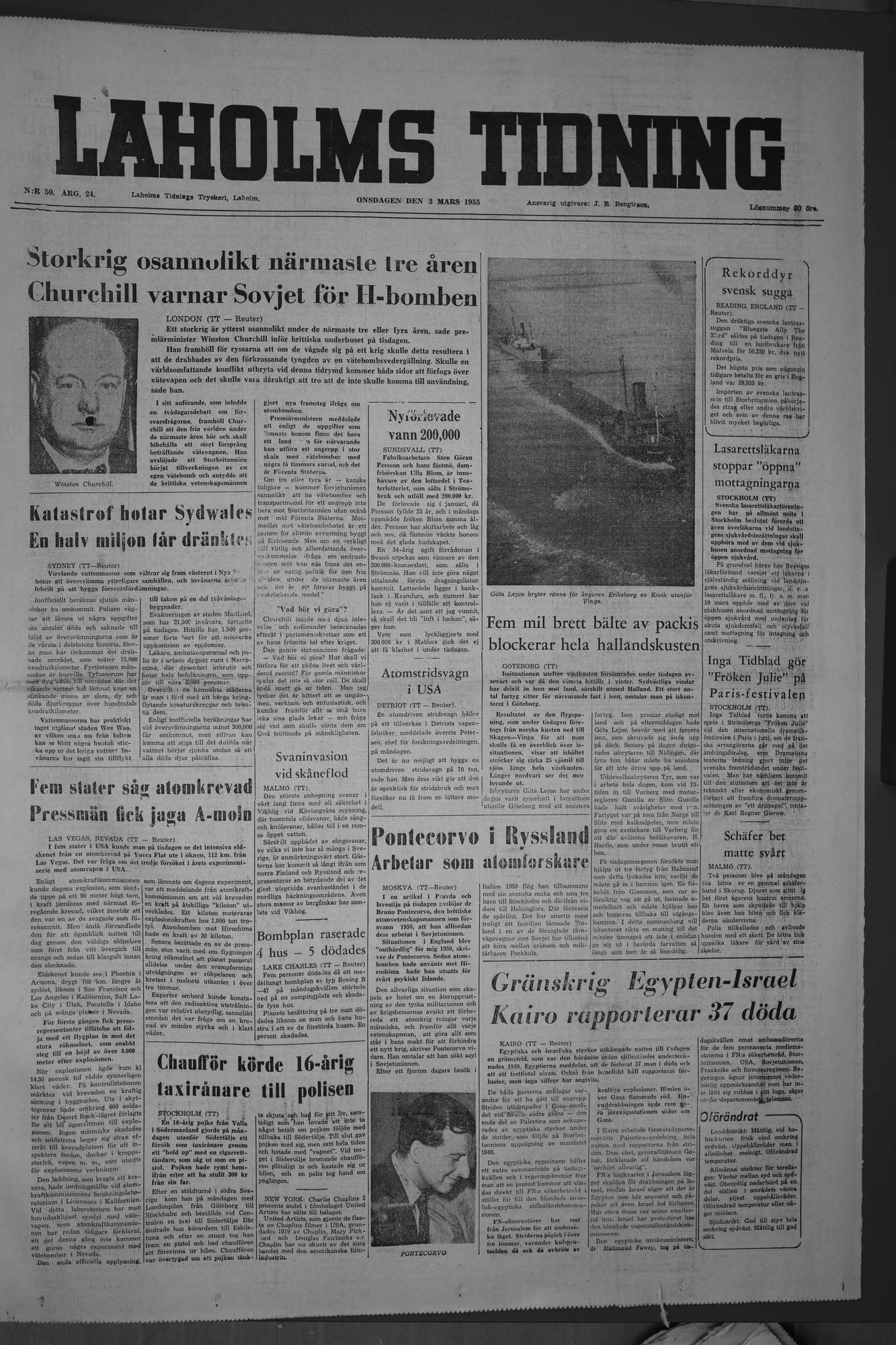 Laholms Tidning Onsdag 2 mars 1955, sida 1