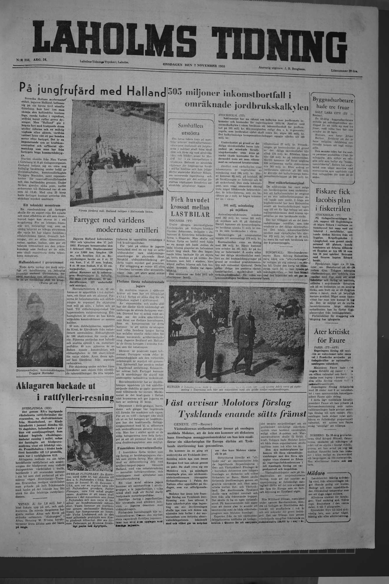 Laholms Tidning Onsdag 2 november 1955, sida 1