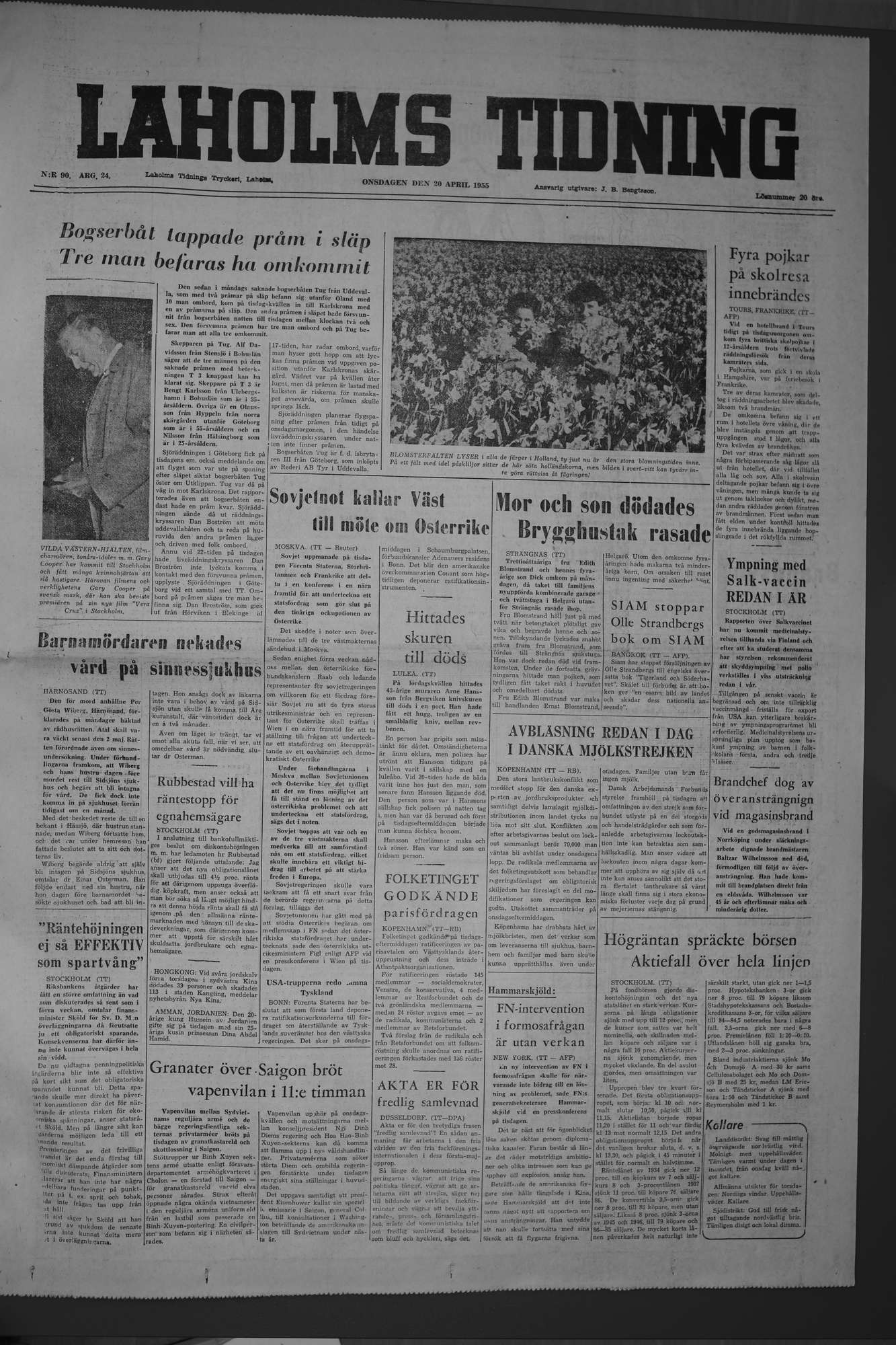 Laholms Tidning Onsdag 20 april 1955, sida 1