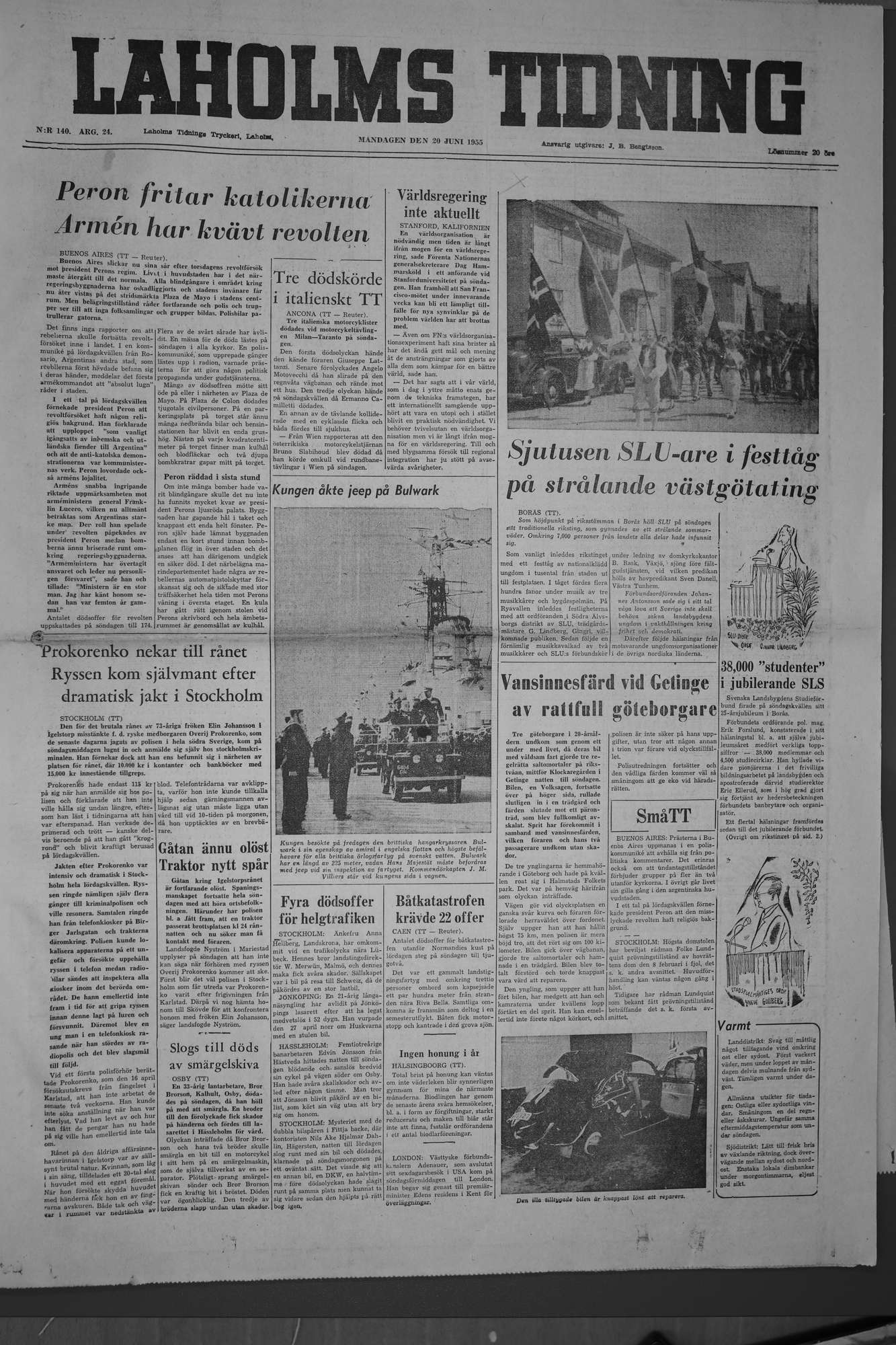 Laholms Tidning Måndag 20 juni 1955, sida 1