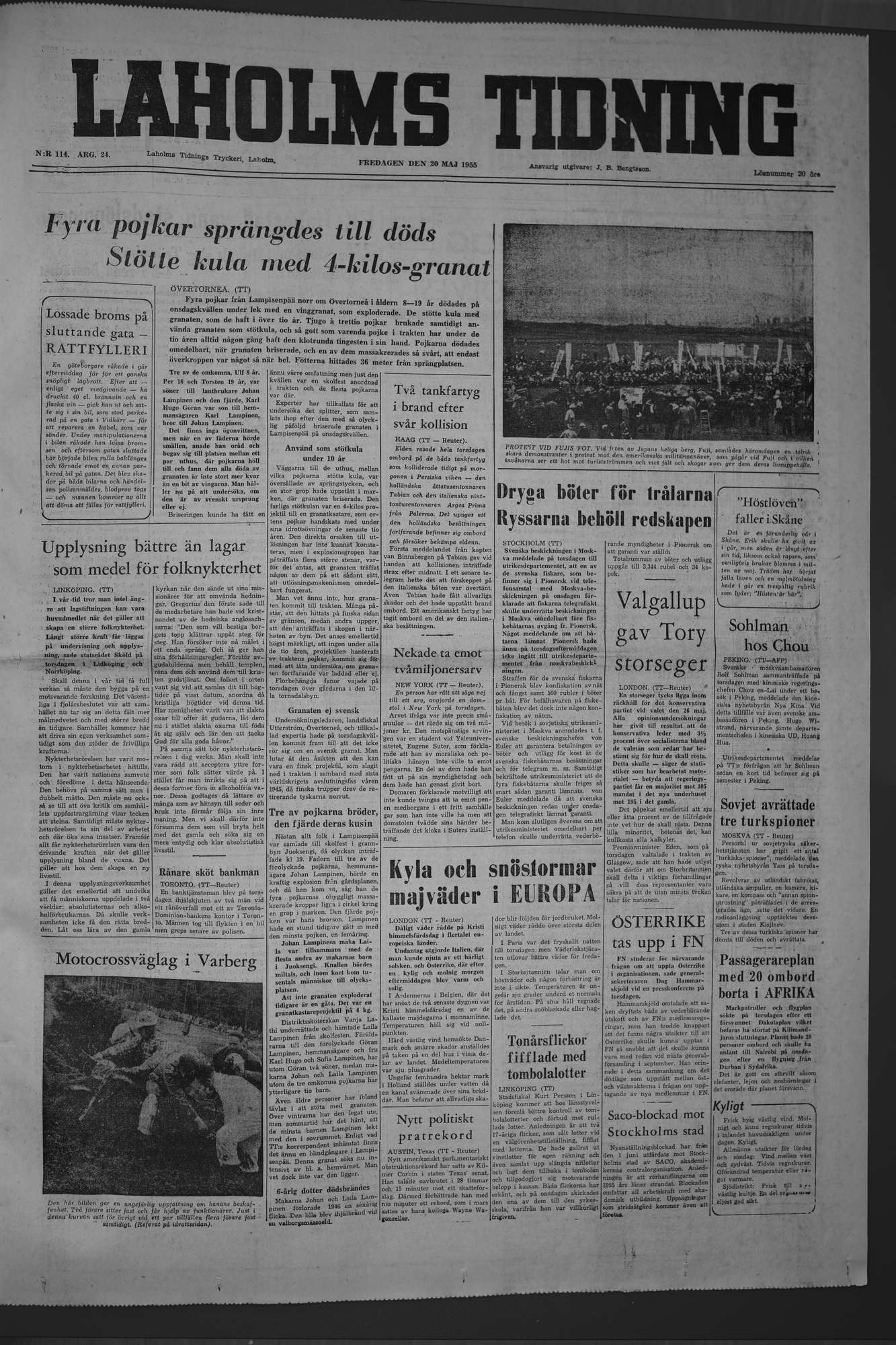 Laholms Tidning Fredag 20 maj 1955, sida 1