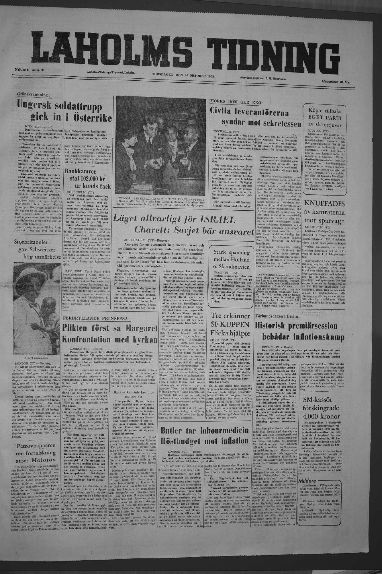 Laholms Tidning Torsdag 20 oktober 1955, sida 1