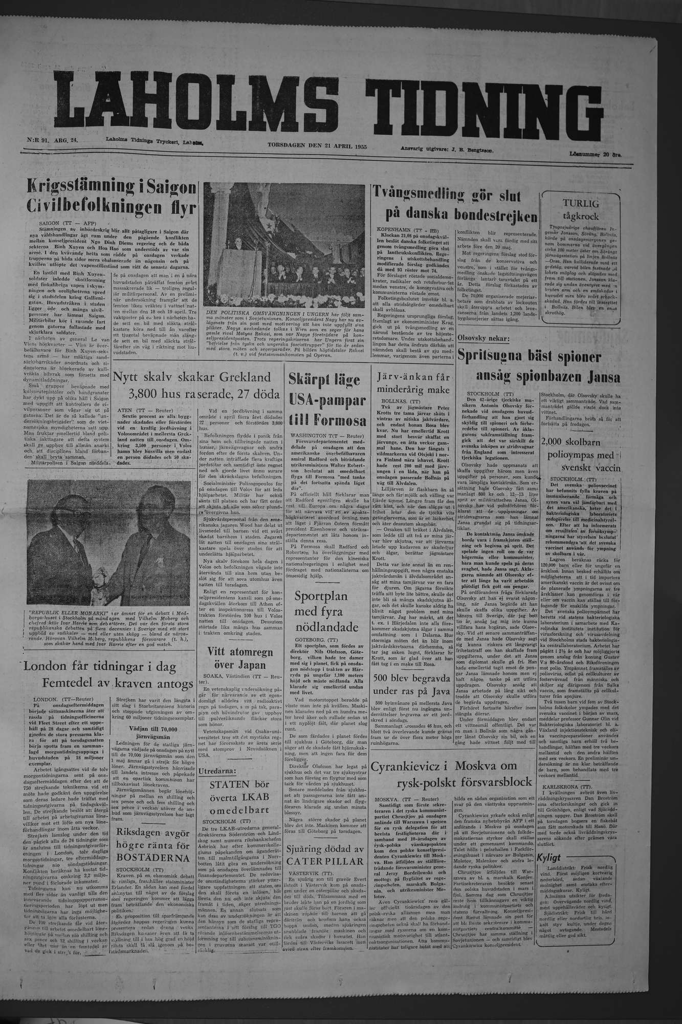 Laholms Tidning Torsdag 21 april 1955, sida 1